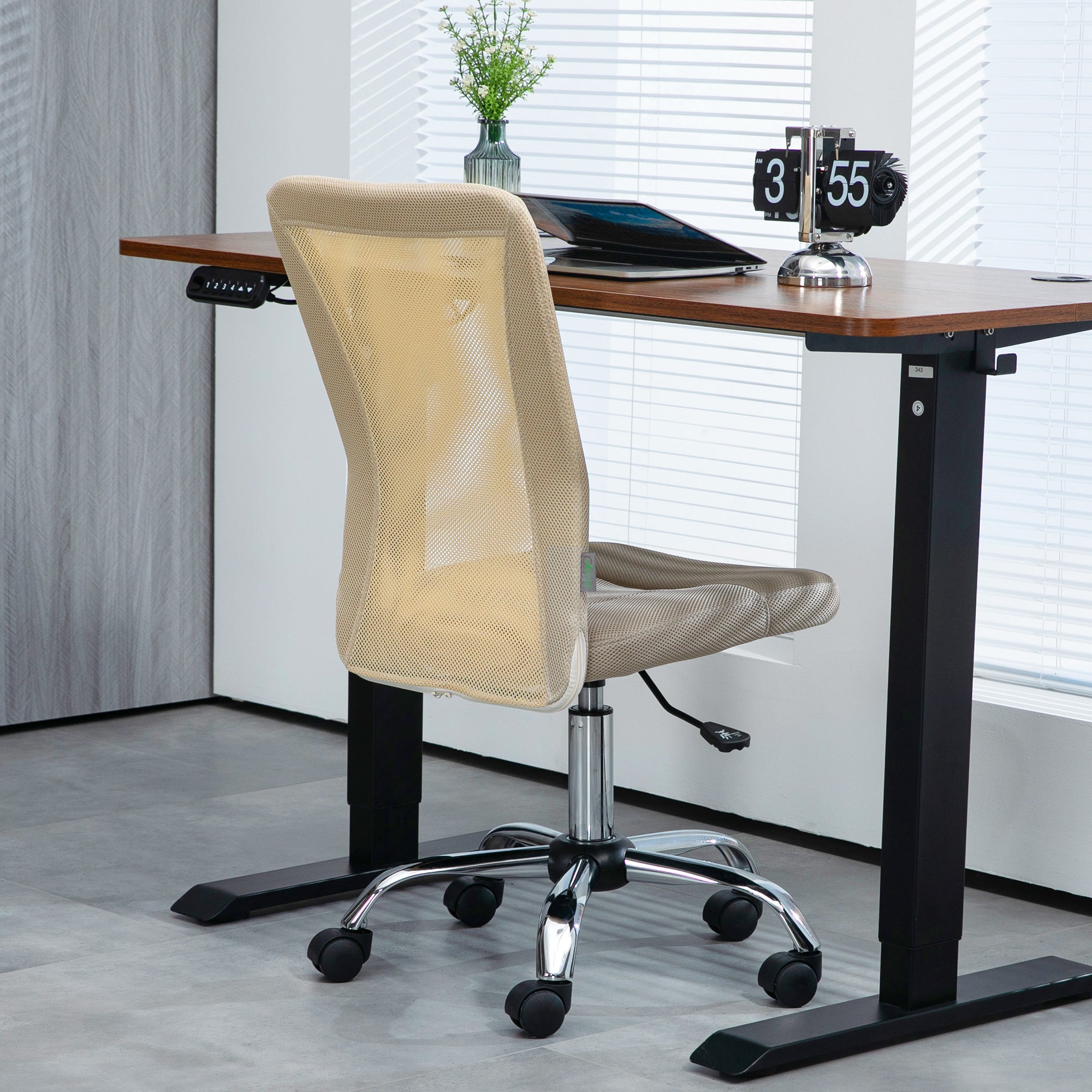 Computer Desk Chair, Mesh Office Chair with Adjustable Height and Swivel Wheels, Armless Study Chair, Beige