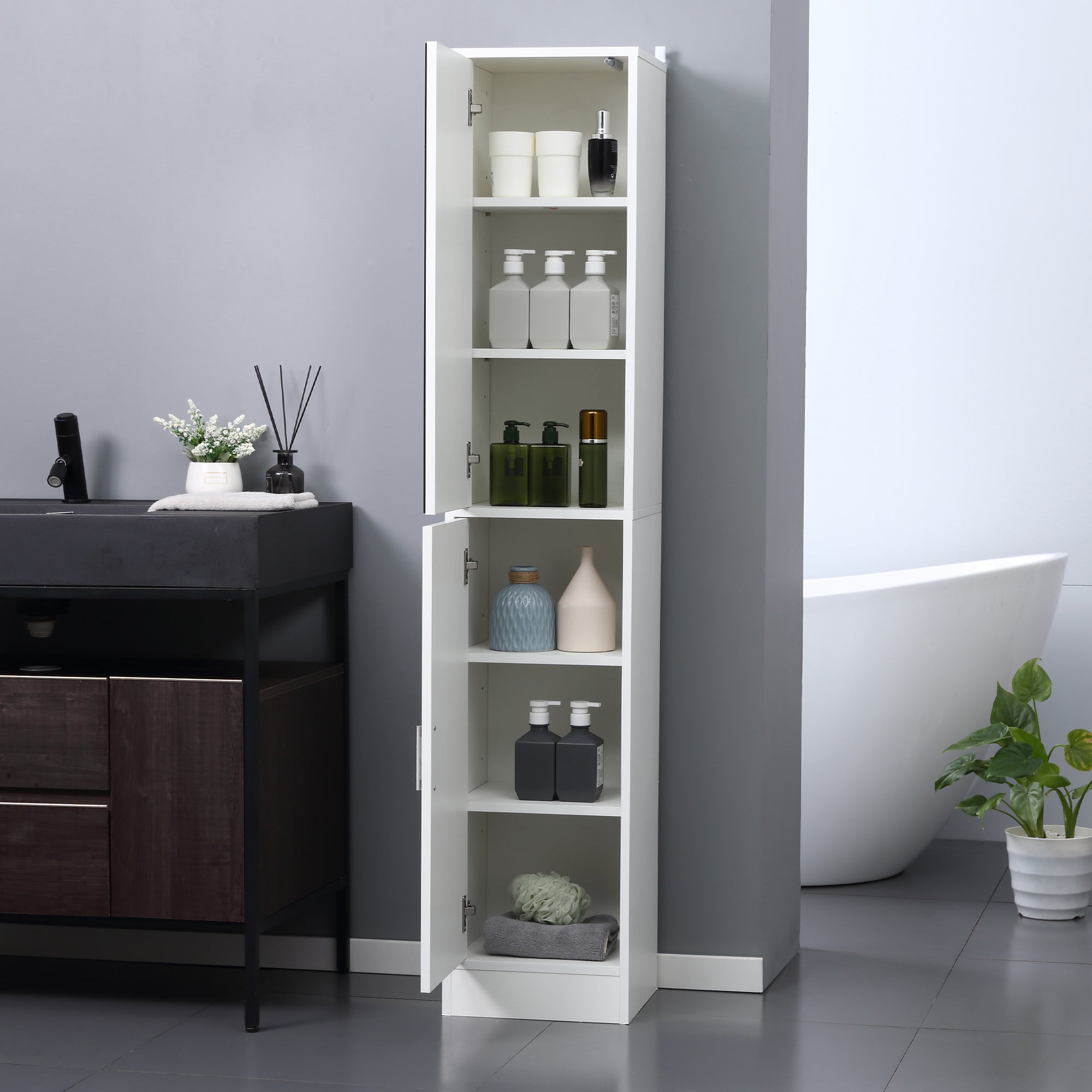 Tall Mirrored Bathroom Cabinet, Bathroom Storage Cupboard, Floor Standing Tallboy Unit with Adjustable Shelf, White