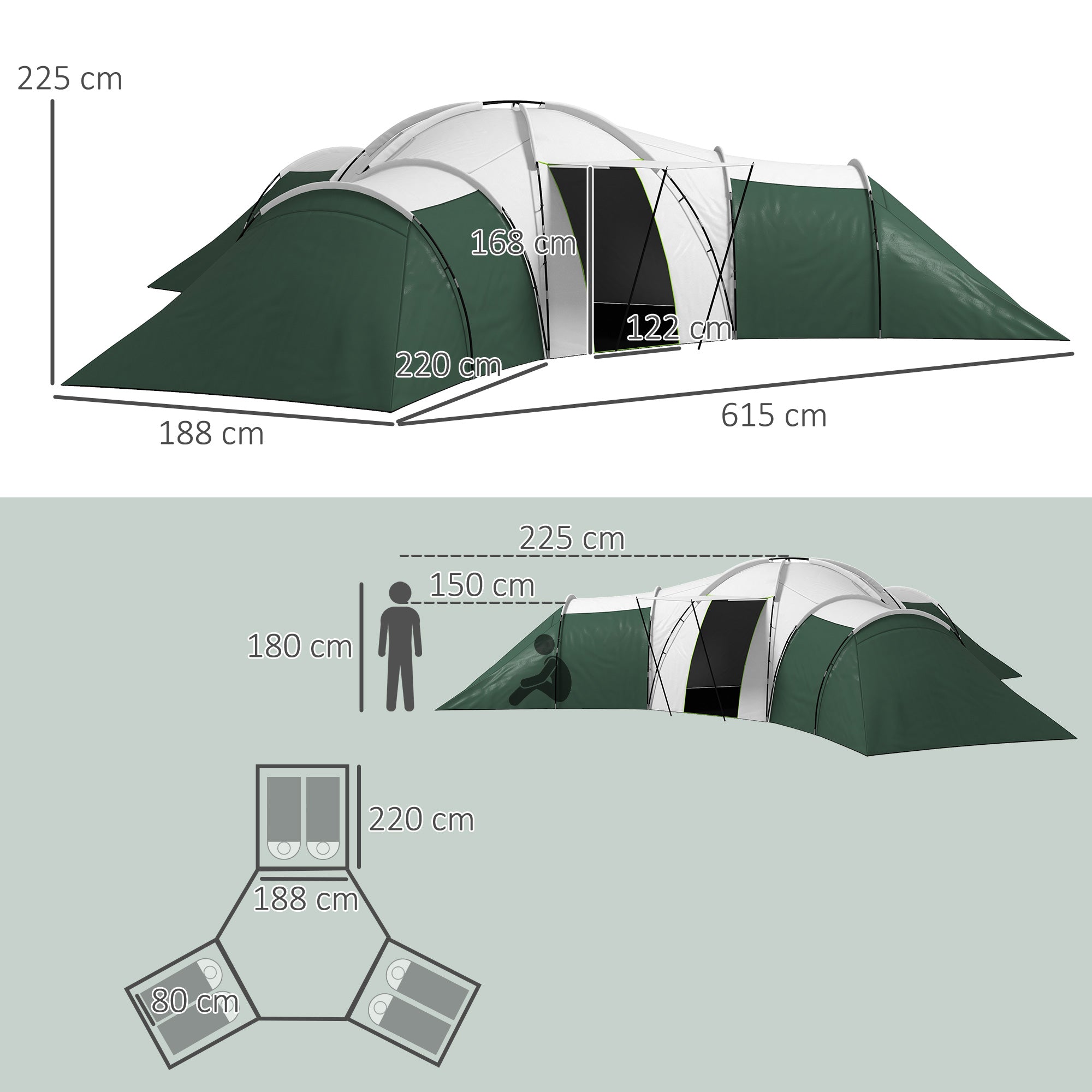6-9 Man Camping Tent with Bedrooms and Porch - Water Resistant