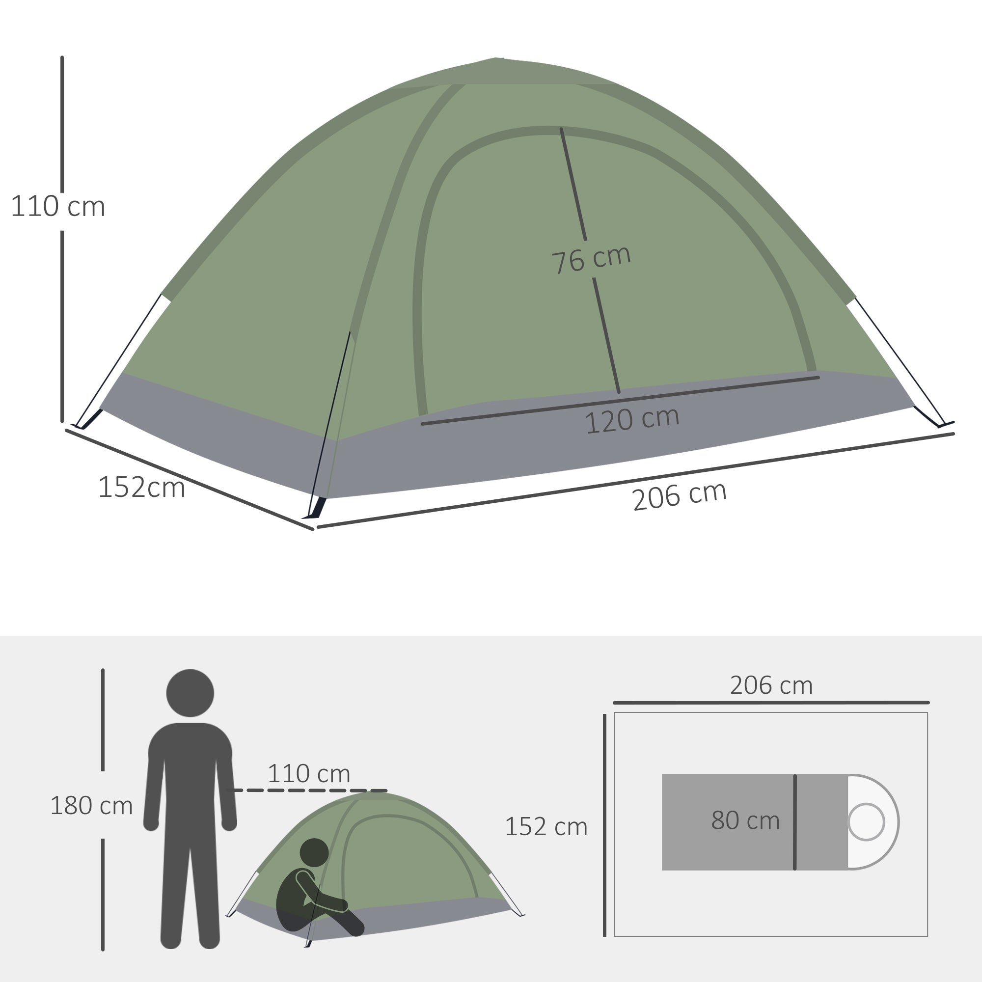 2 Person Camping Tent with Mesh Windows & Storage Pocket - Dark Green