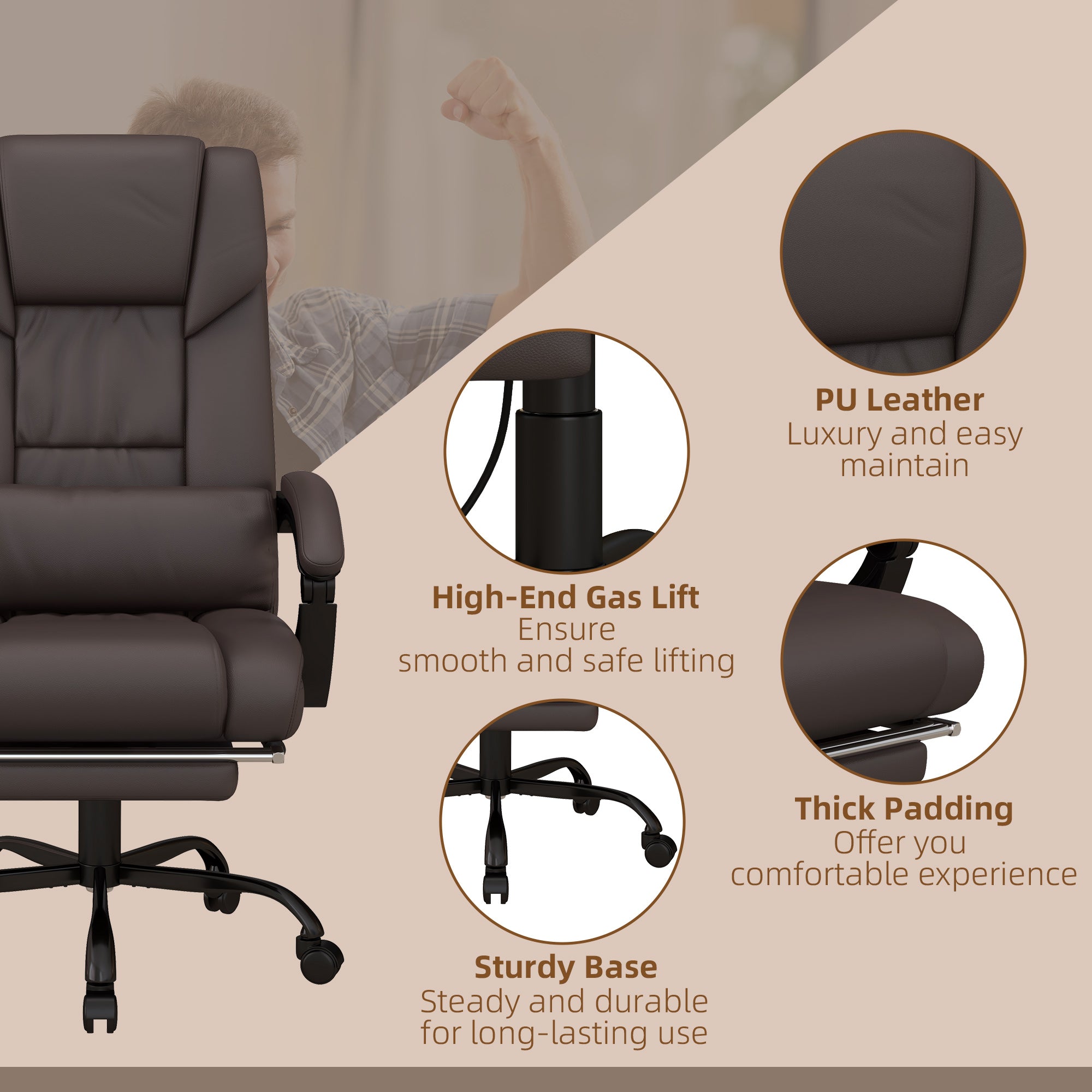 6-Point PU Leather Massage Office Chair with Swivel Wheels, Reclining Chair Office with Footrest, Remote, Brown