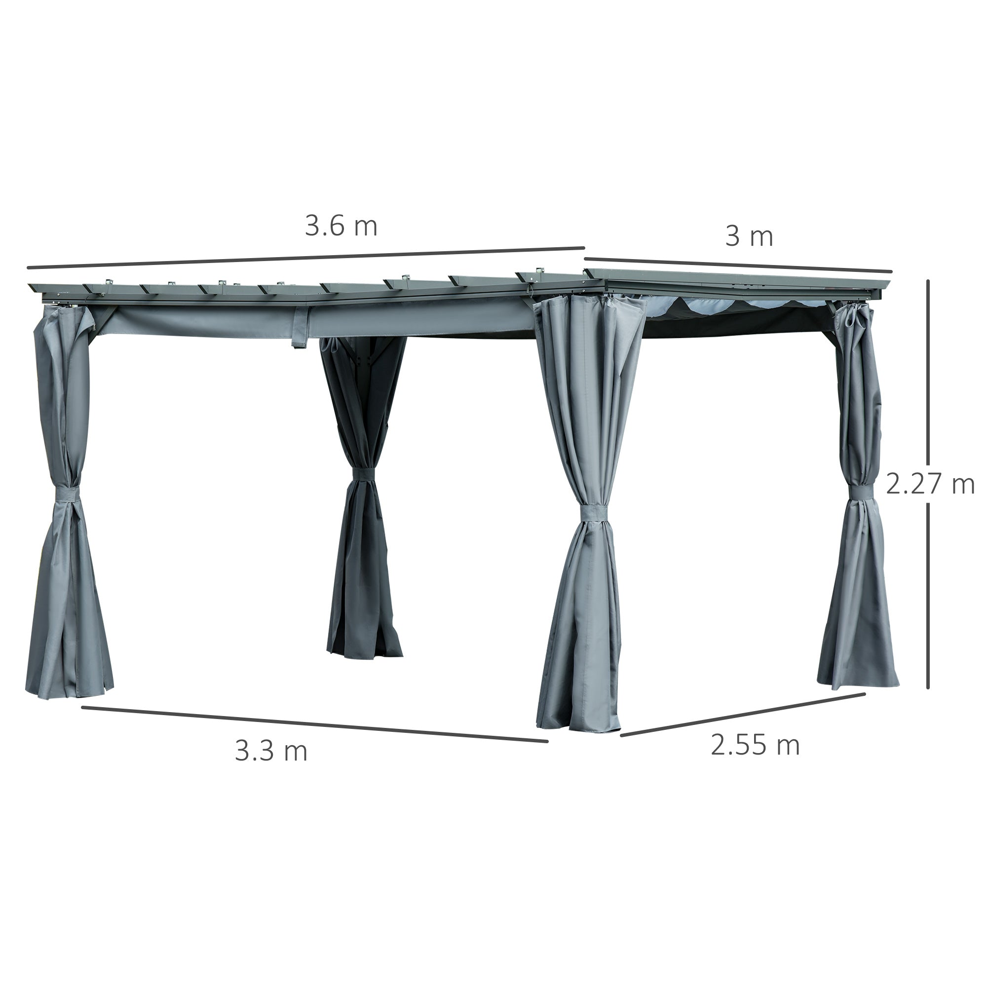 3.6 x 3(m) Outdoor Pergola Gazebo Retractable Canopy Garden Shelter Sun Shade Party with Curtains, Aluminum, Dark Grey