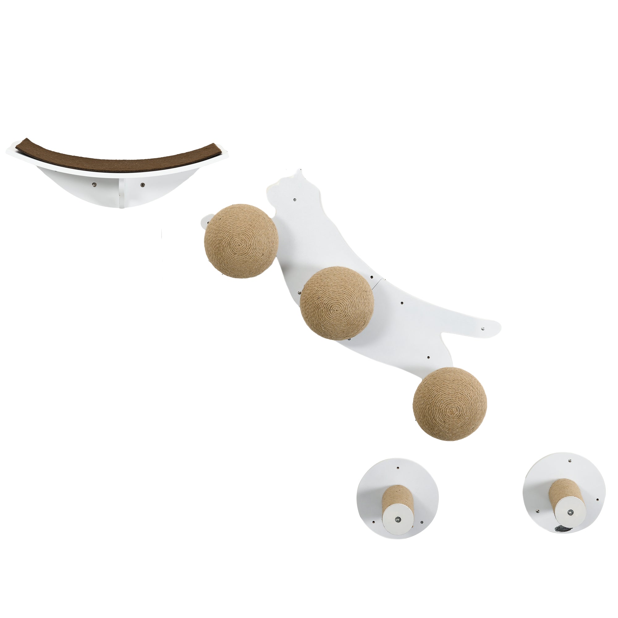 4 Pieces Wall Mounted Cat Shelves, Cat-shaped Platform with Three Scratching Balls, Cat Wall Furniture with Scratching Posts, White