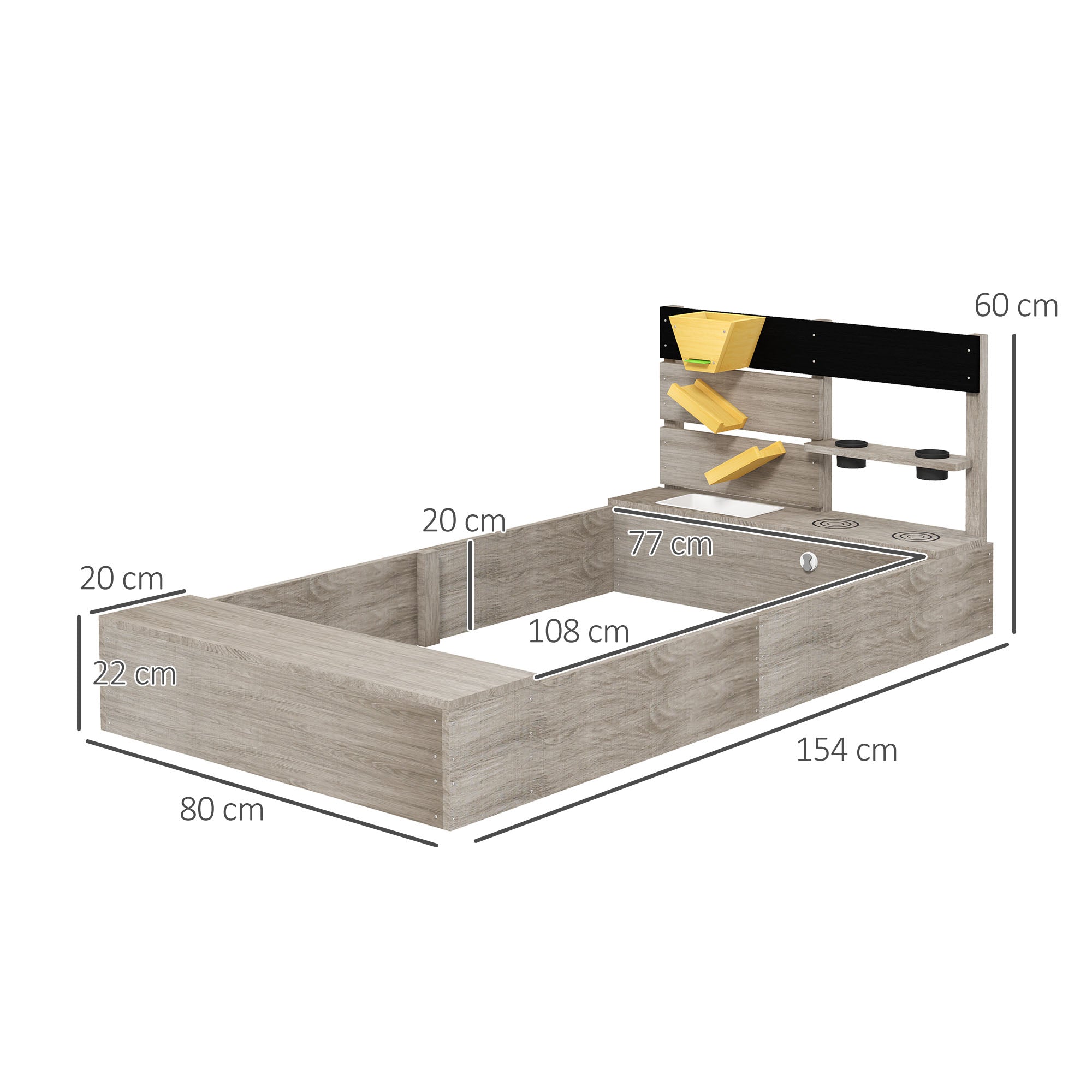 Wooden Sand Pit with Liner, Pretend Hobs, Planting Boxes, Two Seats, for Ages 3-7 Years - Grey