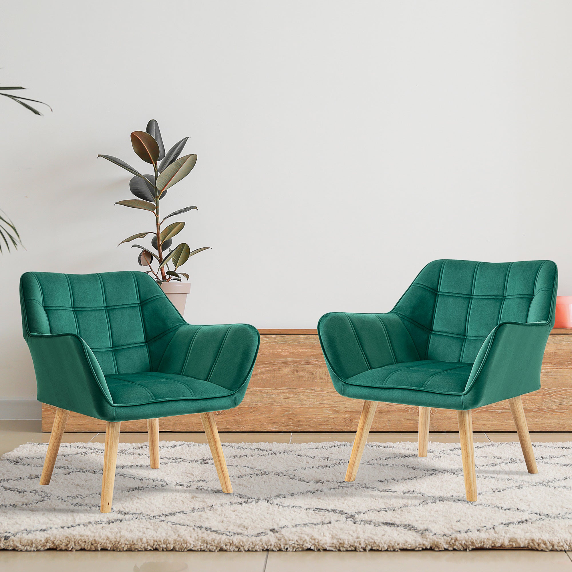 Armchair Accent Chair, Vanity Chair with Wide Arms, Slanted Back, Padding, Metal Frame, Wooden Legs, Home Bedroom Furniture Seating, Set of 2, Green