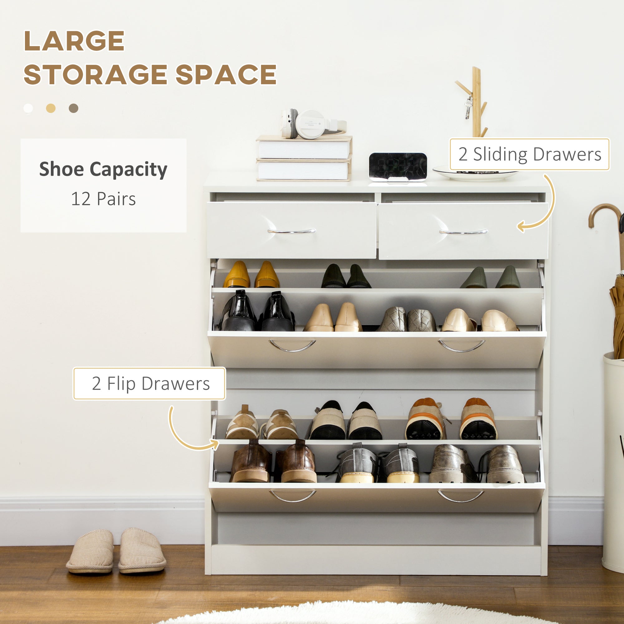 Narrow Shoe Cabinet with 2 Flip Drawers & Adjustable Shelves for 12 Pairs - White