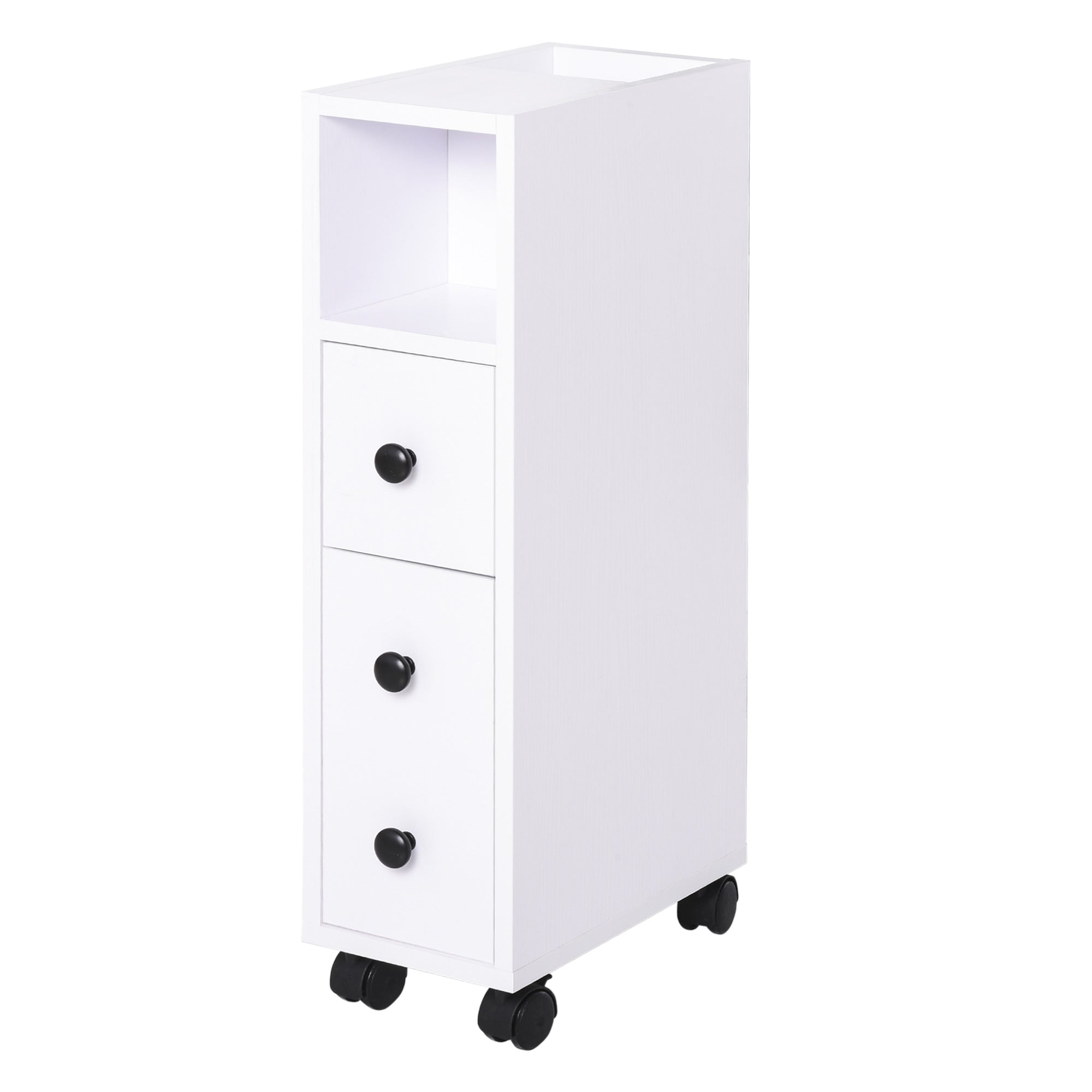 Slimline Bathroom Storage Unit w/ 2 Drawers 2 Open Compartments Wheels Handles Freestanding Compact Home Office Furniture White