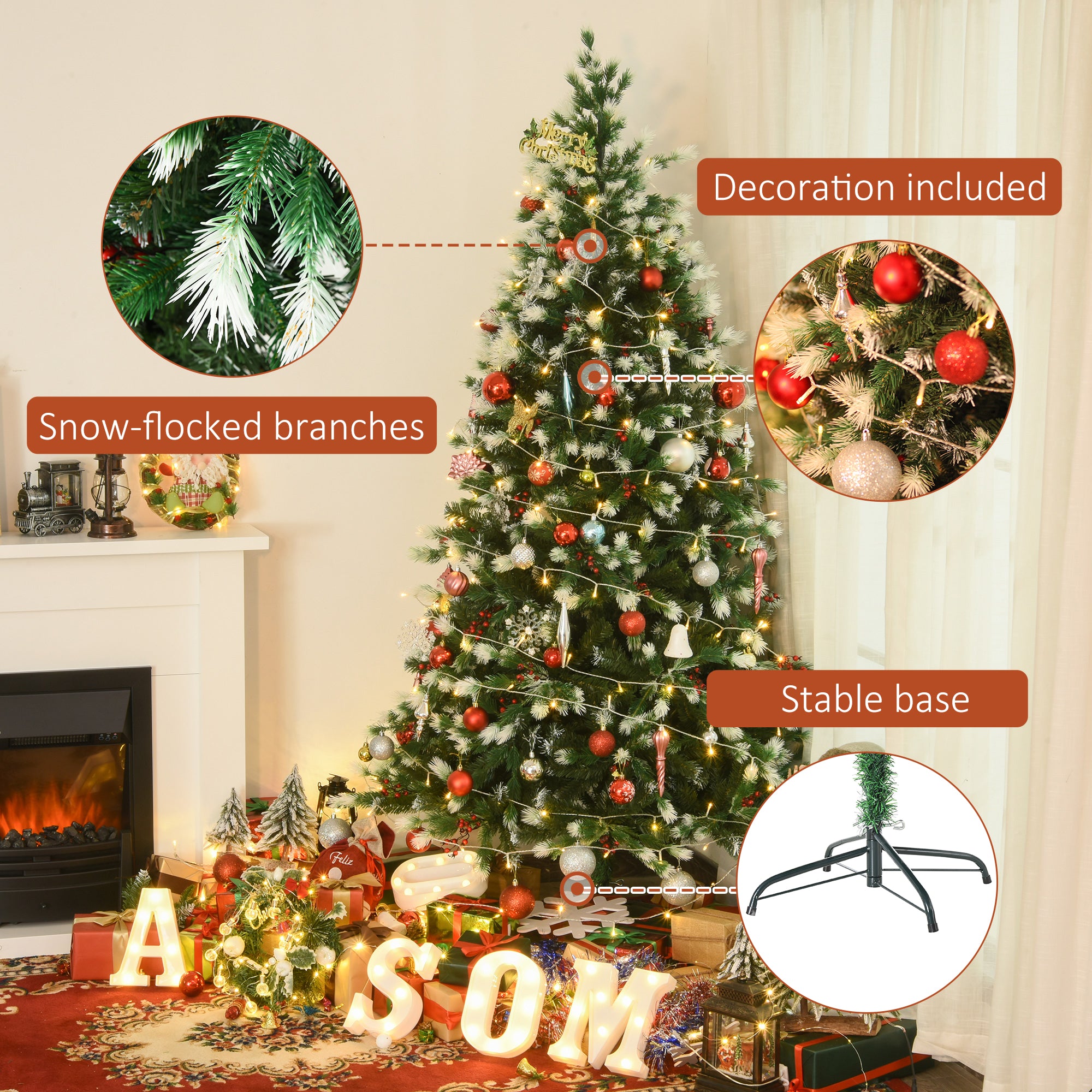 6ft Artificial Snow-Flocked Pine Tree Holiday Home Christmas Decoration with Red Berries, Automatic Open - Green