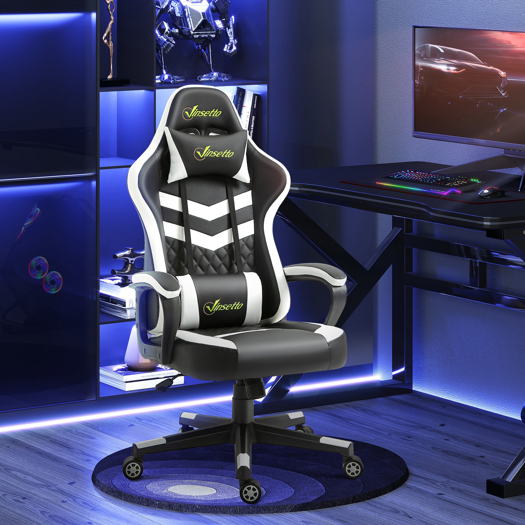 Racing Gaming Chair with Lumbar Support, Headrest, Swivel Wheel, PVC Leather Gamer Desk Chair for Home Office, Black White