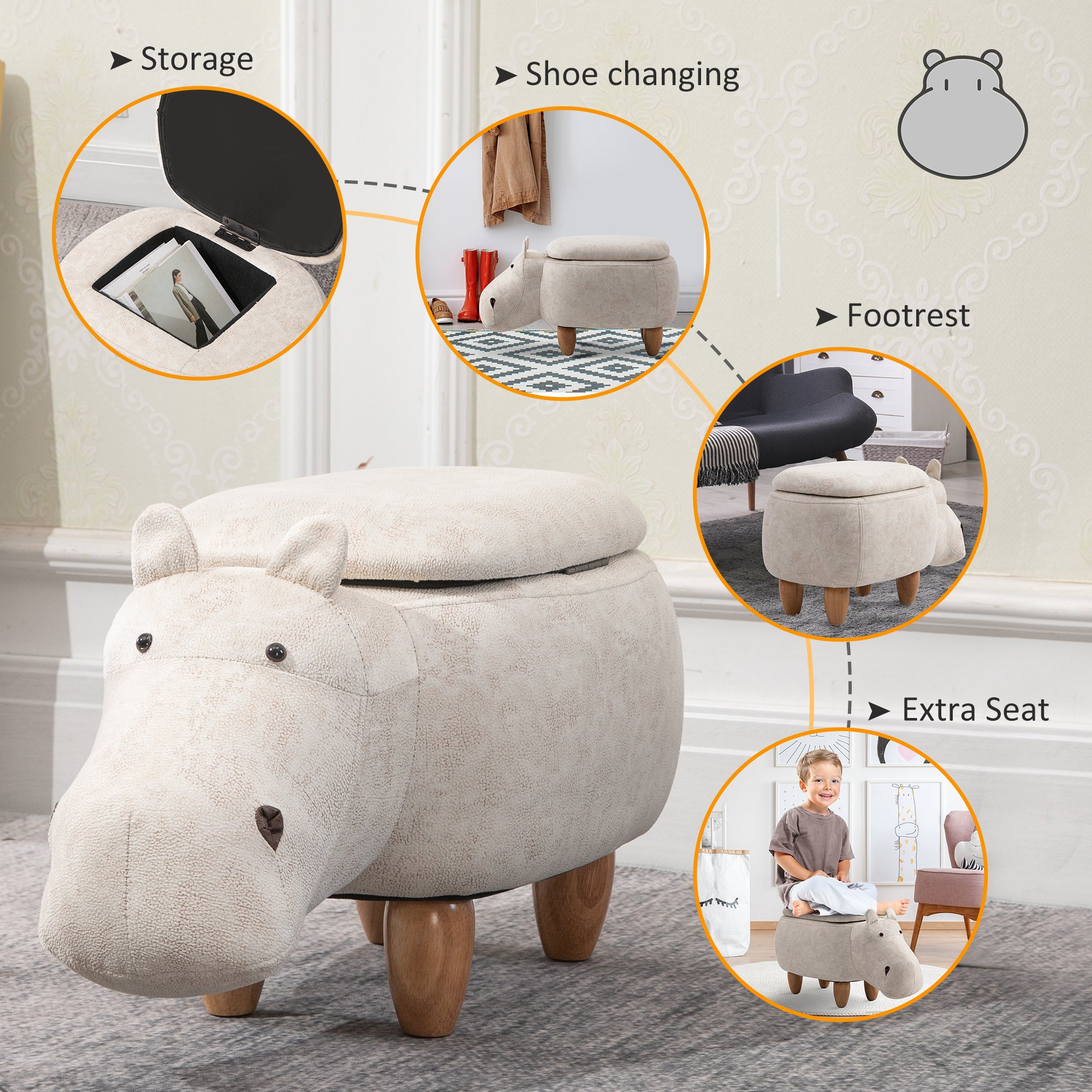 Hippo Storage Stool Cute Decoration Footrest Wood Frame Legs with Padding Lid Ottoman Animal Furniture Cream 36 x 65cm