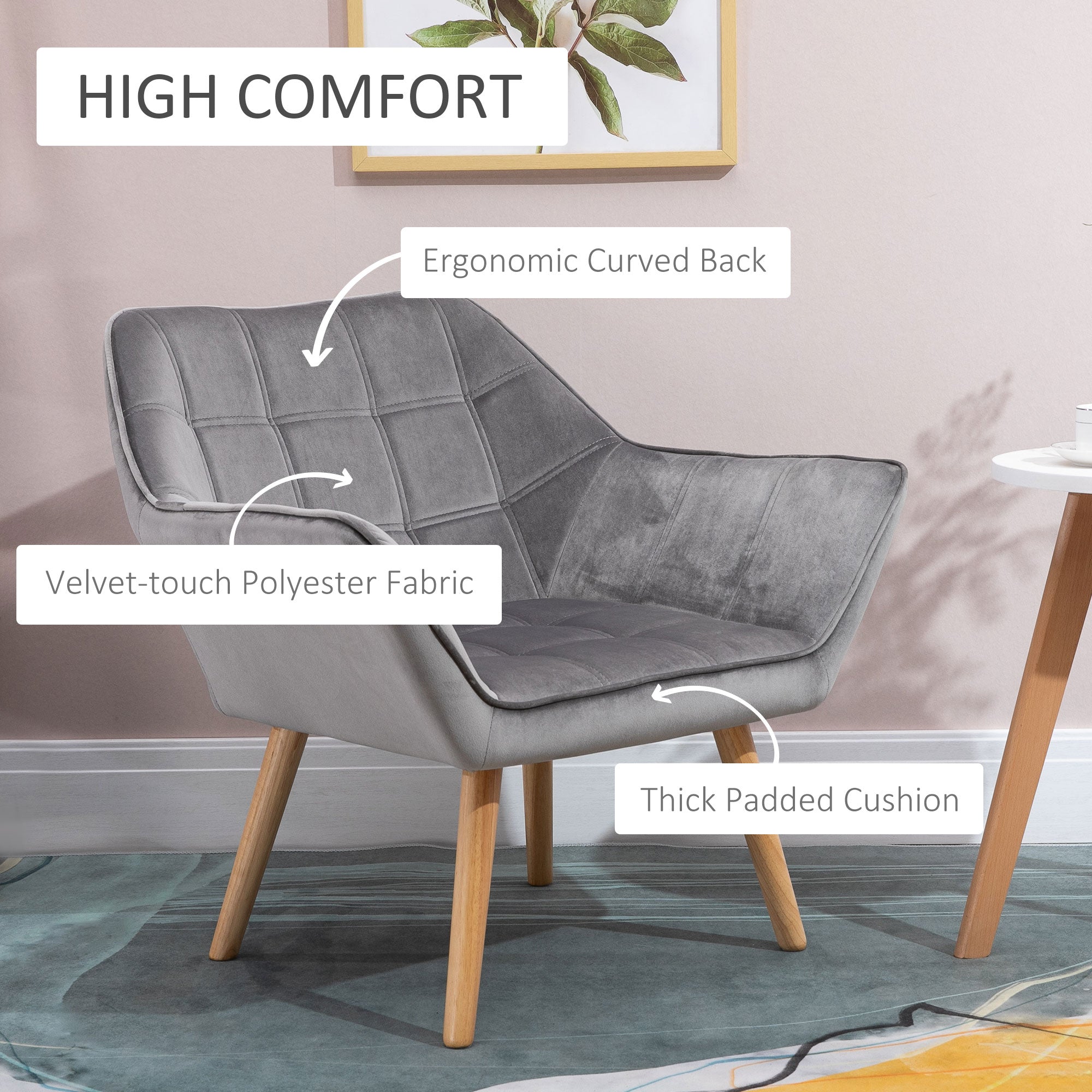 Armchair Accent Chair Wide Arms Slanted Back Padding Iron Frame Wooden Legs Home Bedroom Furniture Seating Set of 2 Grey