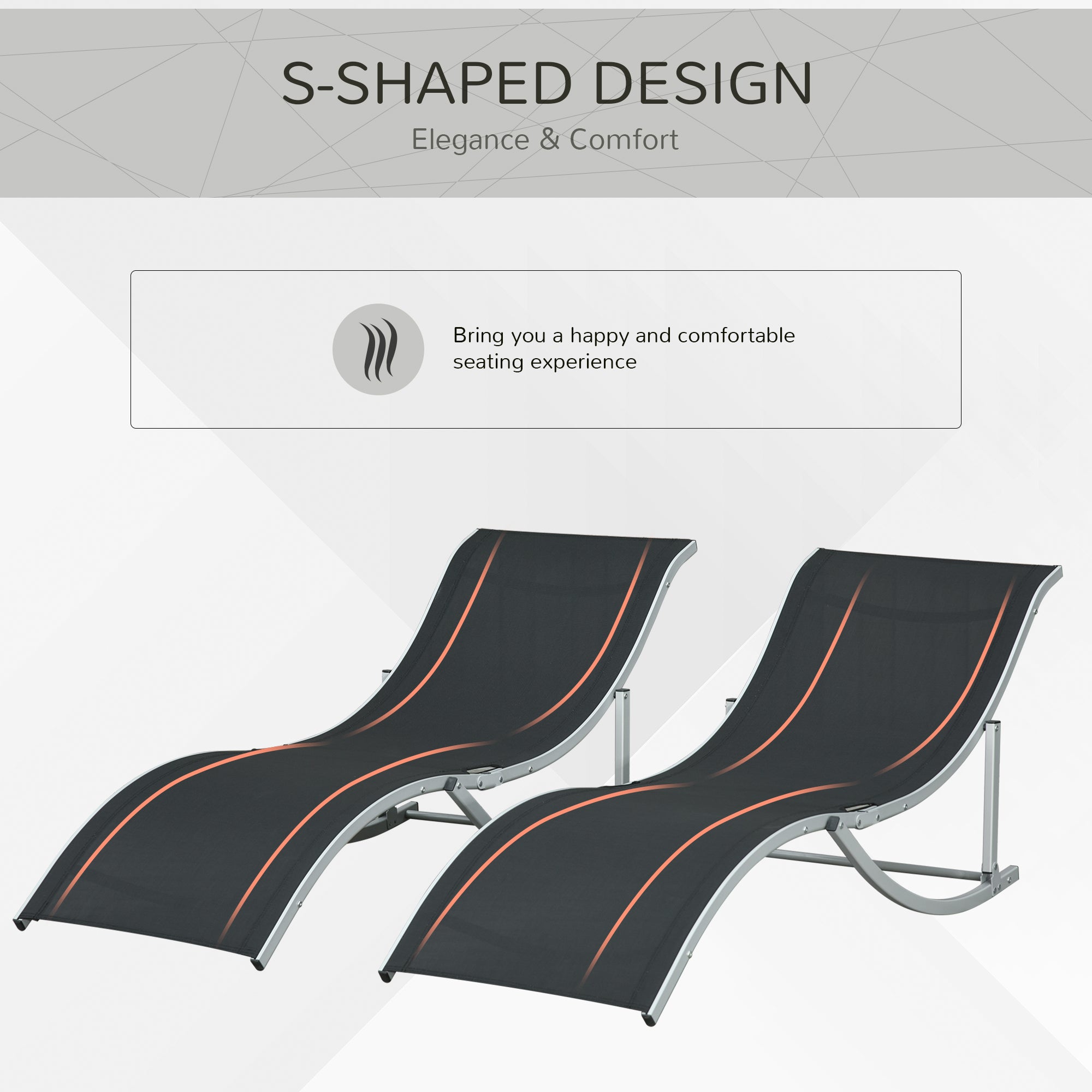 2 Pieces Folding Sun Lounger, S-shaped Lounge Chairs Reclining Sleeping Bed with Aluminium Frame