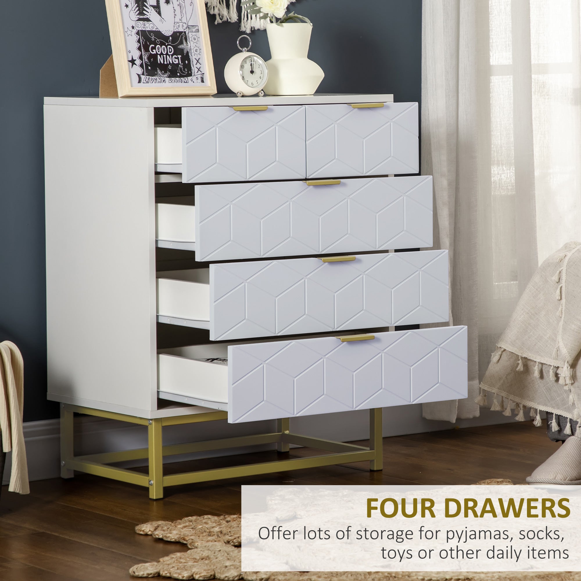Modern Chest of Drawers, 5-Drawer Storage Organizer Unit with Golden Effect Steel Base for Bedroom, Living Room, Natural, White