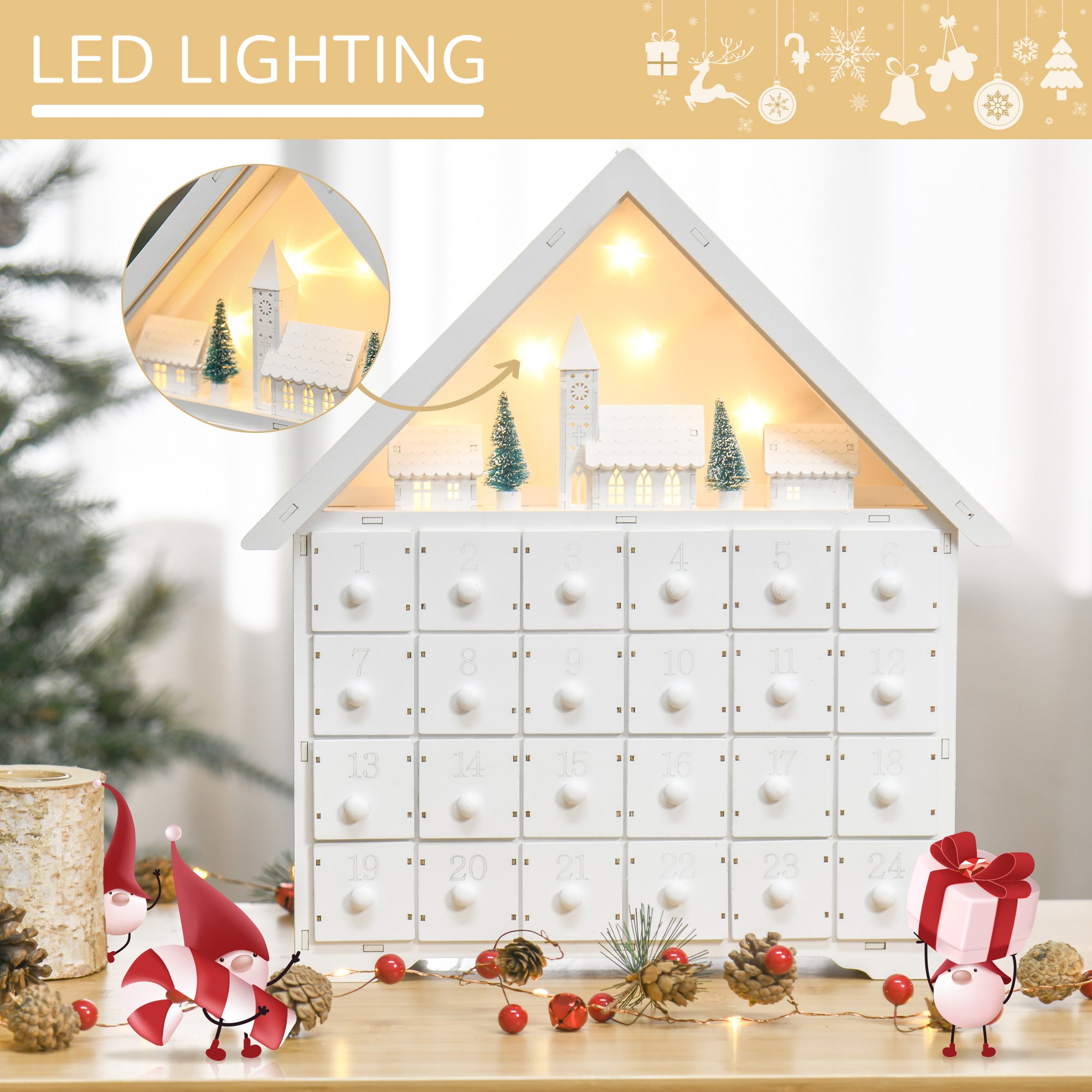 Christmas Advent Calendar, Light Up Table Xmas Wooden House Holiday Decoration with Countdown Drawer, Village, for kids Adults, White