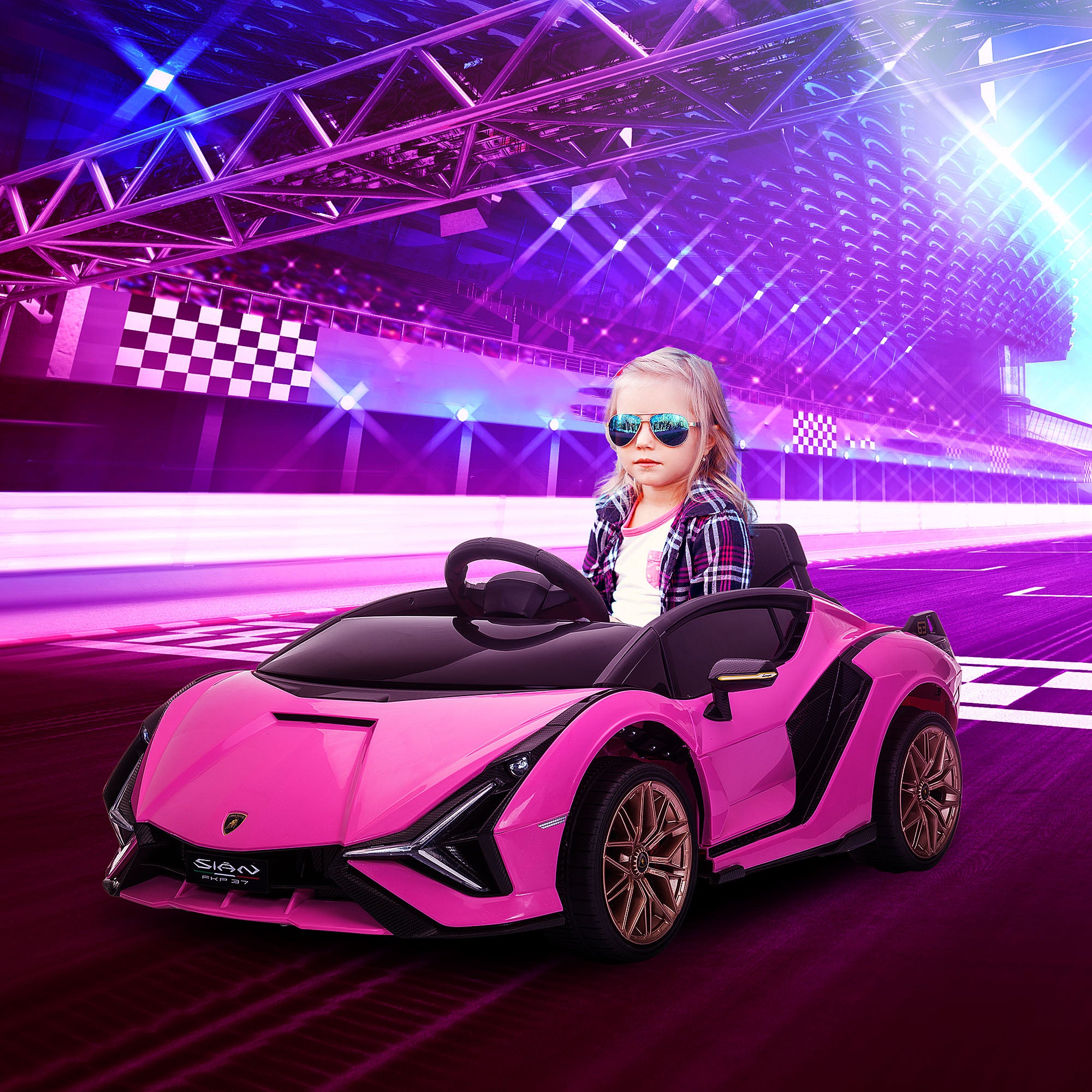 Compatible 12V Battery-powered Kids Electric Ride On Car Lamborghini SIAN Toy with Parental Remote Control Lights MP3 for 3-5 Years Old Pink