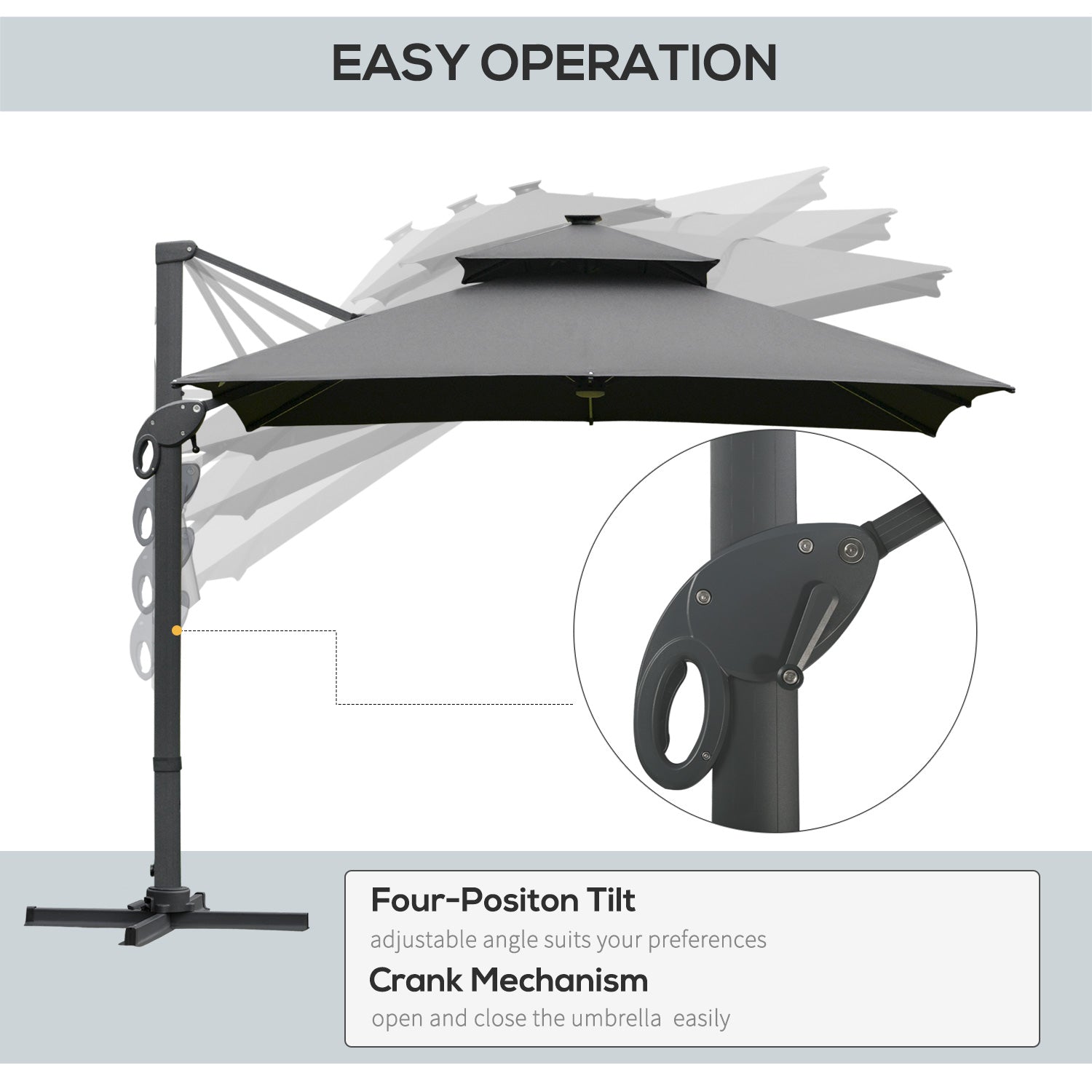 3 x 3(m) Cantilever Roma Parasol Garden Sun Umbrella Outdoor Patio with LED Solar Light Cross Base 360° Rotating for Backyard Dark Gray