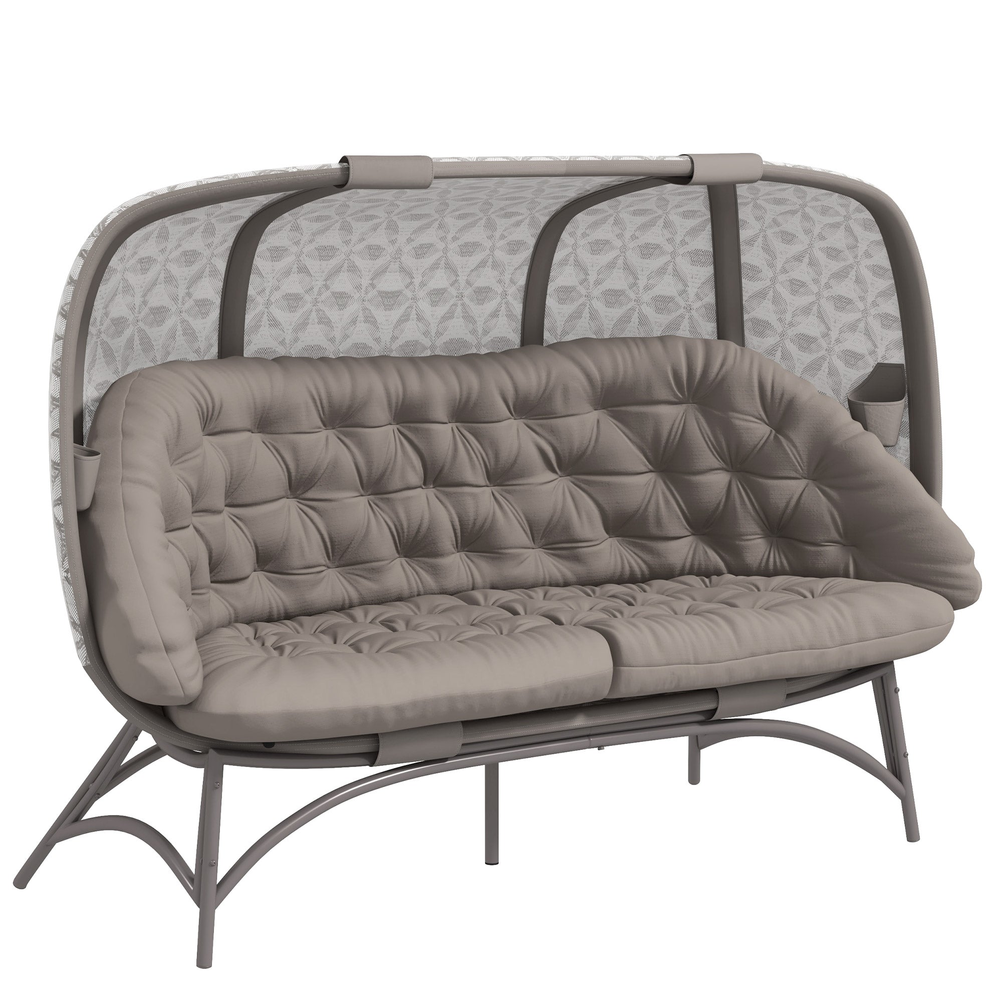 Folding Outdoor Egg Chair, Hollow Design 3 Seater Garden Furniture Chair w/ Flower Pattern Bottle Holder Bags for Indoor Outdoor, Sand Brown