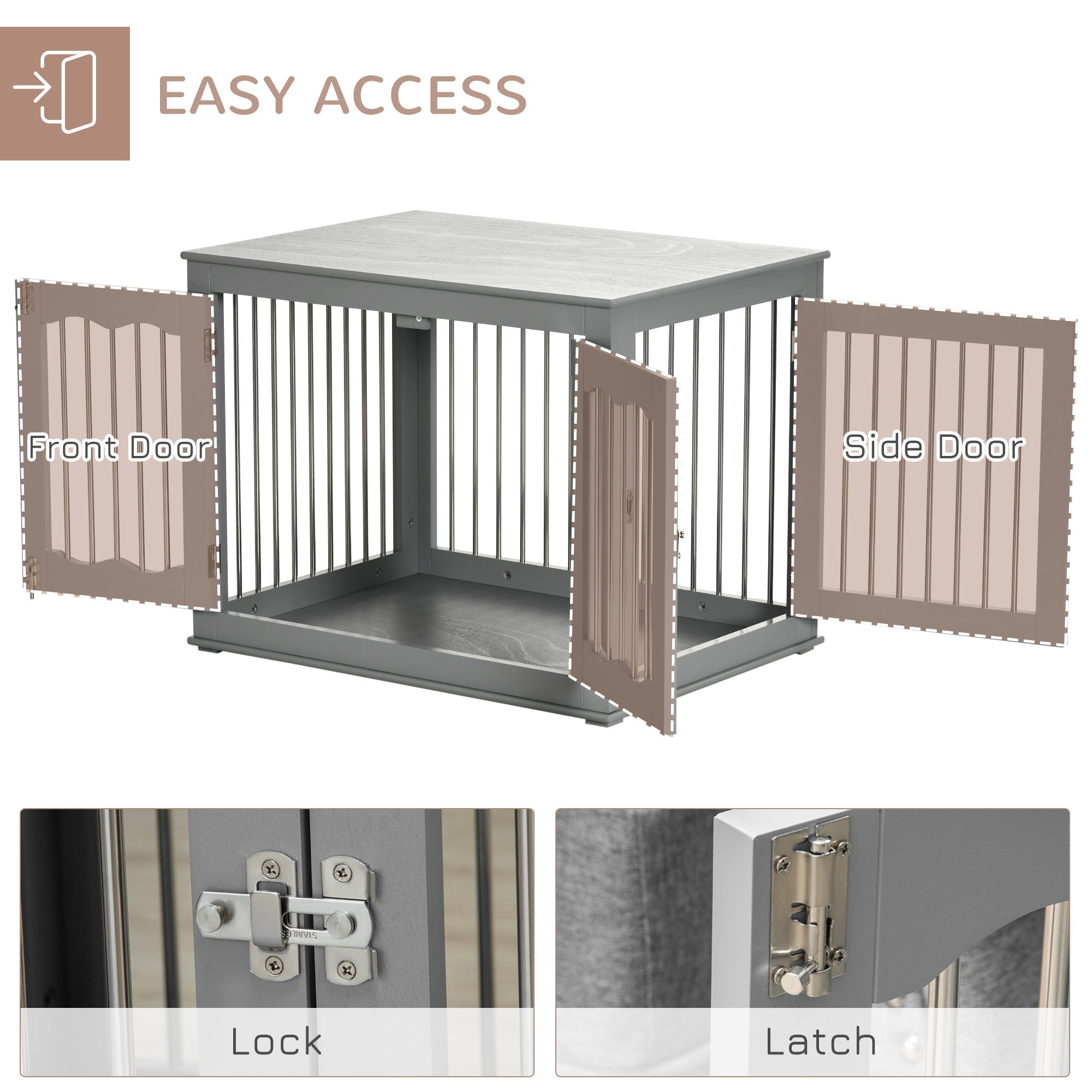 Dog Crate End Table with Three Doors, Furniture Style Dog Crate for Medium Dogs with Locks & Latches, Grey