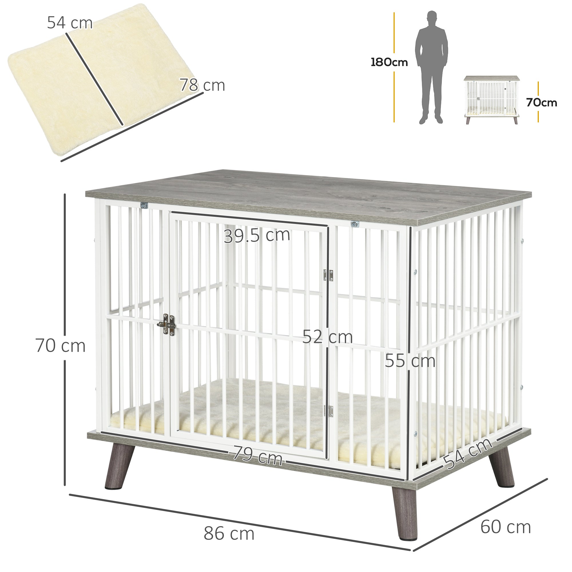 Dog Crate Furniture, Indoor Pet Kennel Cage, Top End Table w/ Soft Cushion, Lockable Door, for Small Dogs, 86 x 60 x 70 cm - Grey