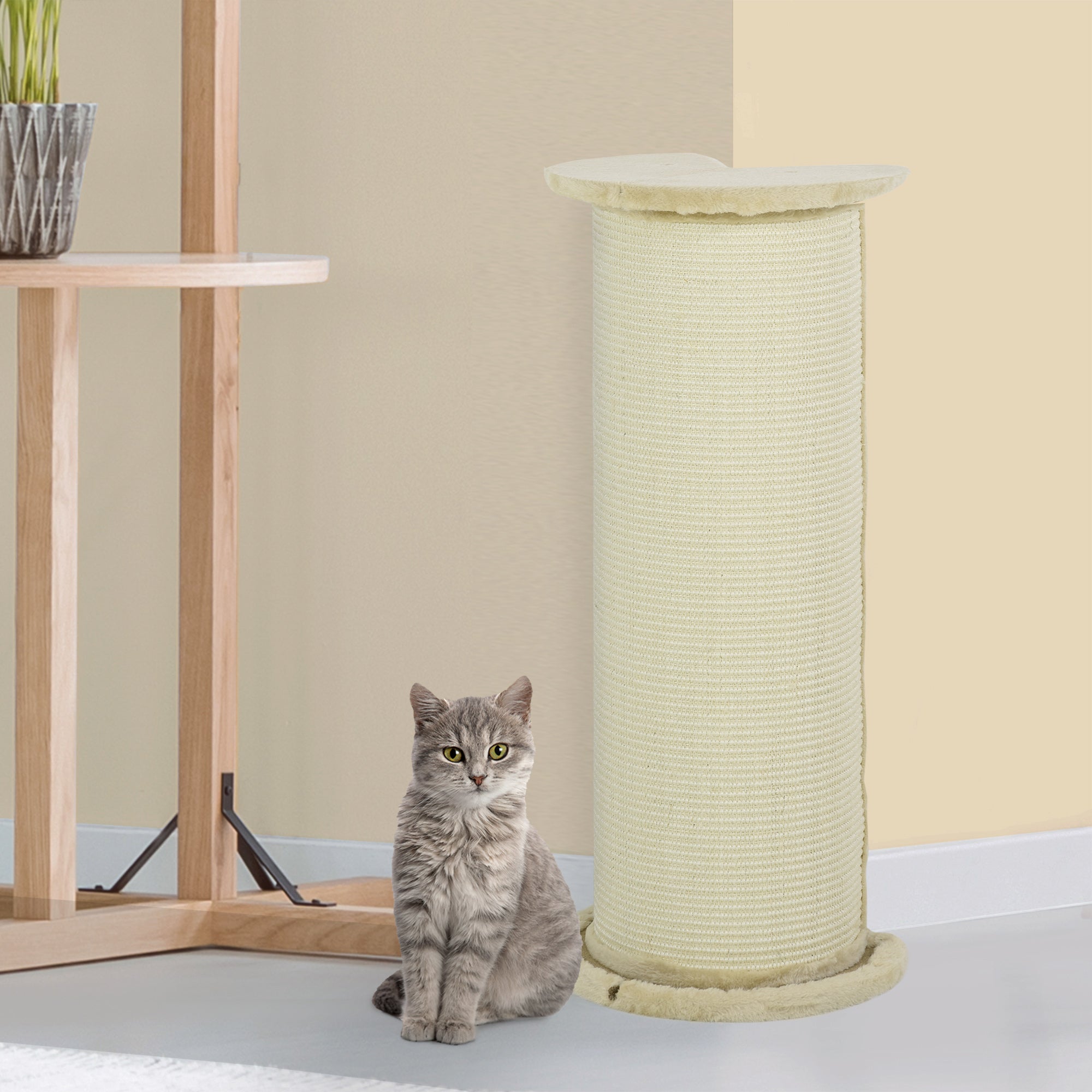 85cm Tall Cat Scratching Post with Sisal Rope Covered Soft Plush, Anti Tip for Indoor Corner, Cabinet Corner, Sofa Corner - Beige