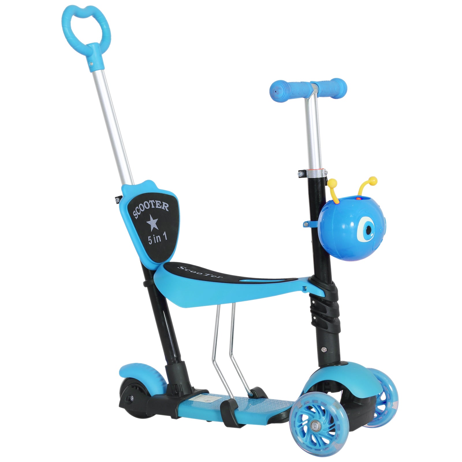 5-in-1 Kids Toddler 3 Wheels Mini Kick Scooter Push Walker with Removable Seat & Back Rest for Girls and Boys Blue