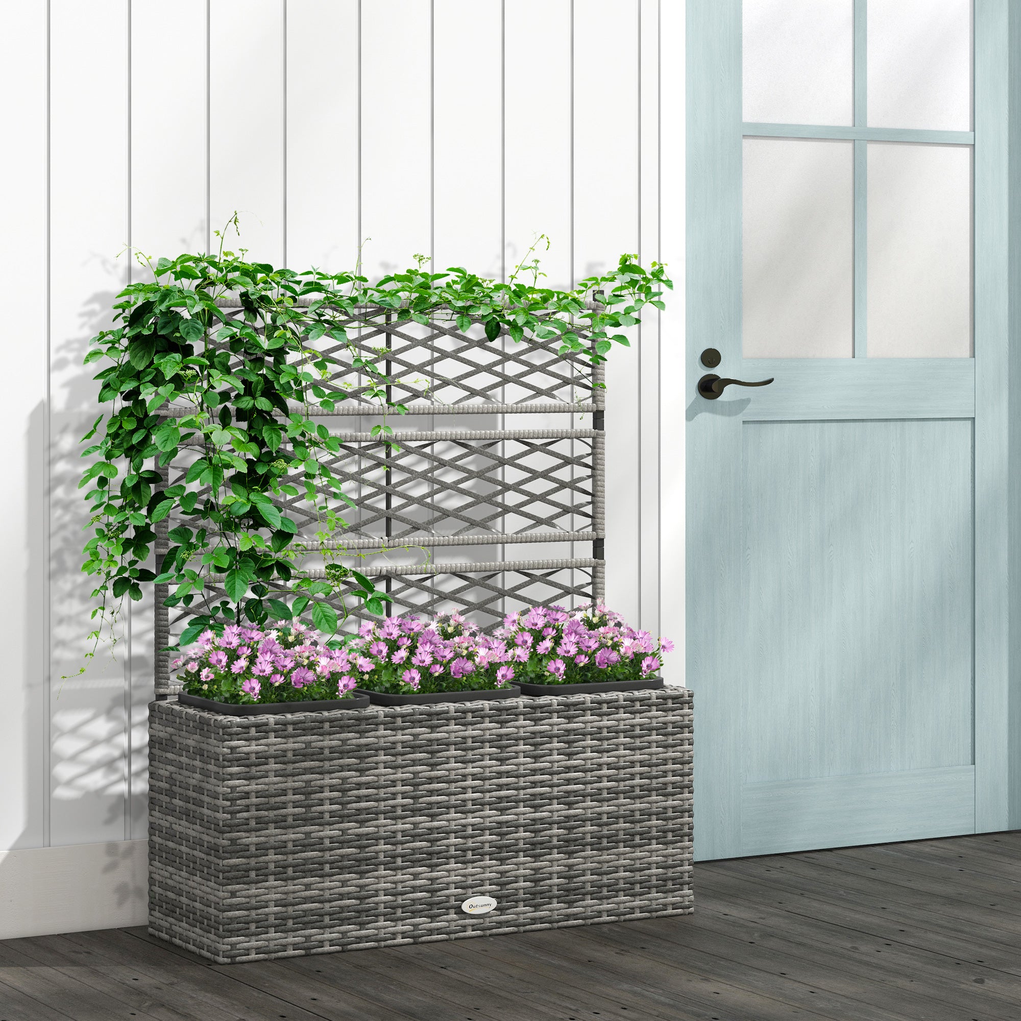 33L Garden PE Rattan Planter w/ Trellis, Free Standing Flower Raised Bed, Garden Planter for Climbing Plants, 84 x 30 x 107cm, Light Grey