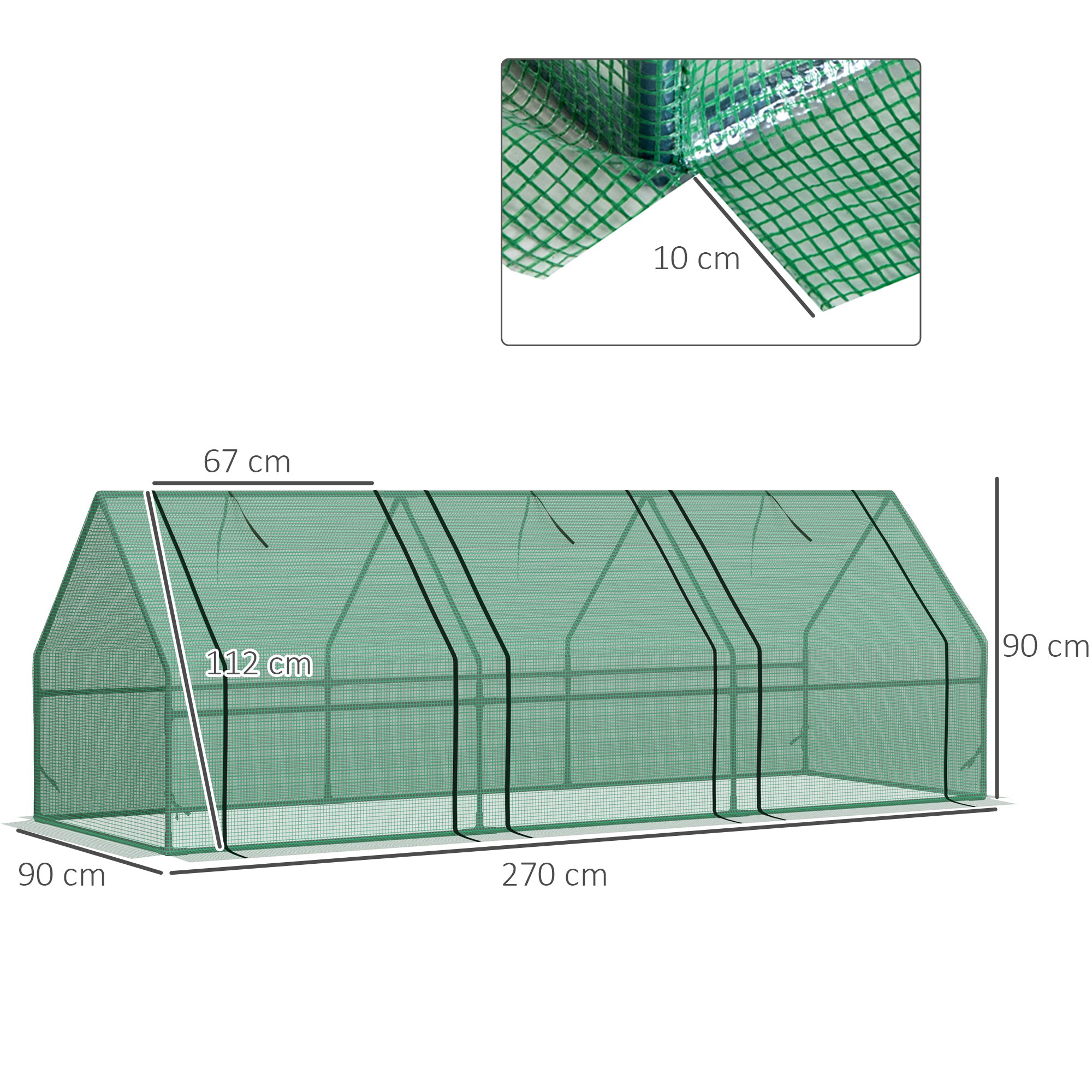 270 x 90 x 90 cm Steel Frame Poly Tunnel Steeple Greenhouse - Green