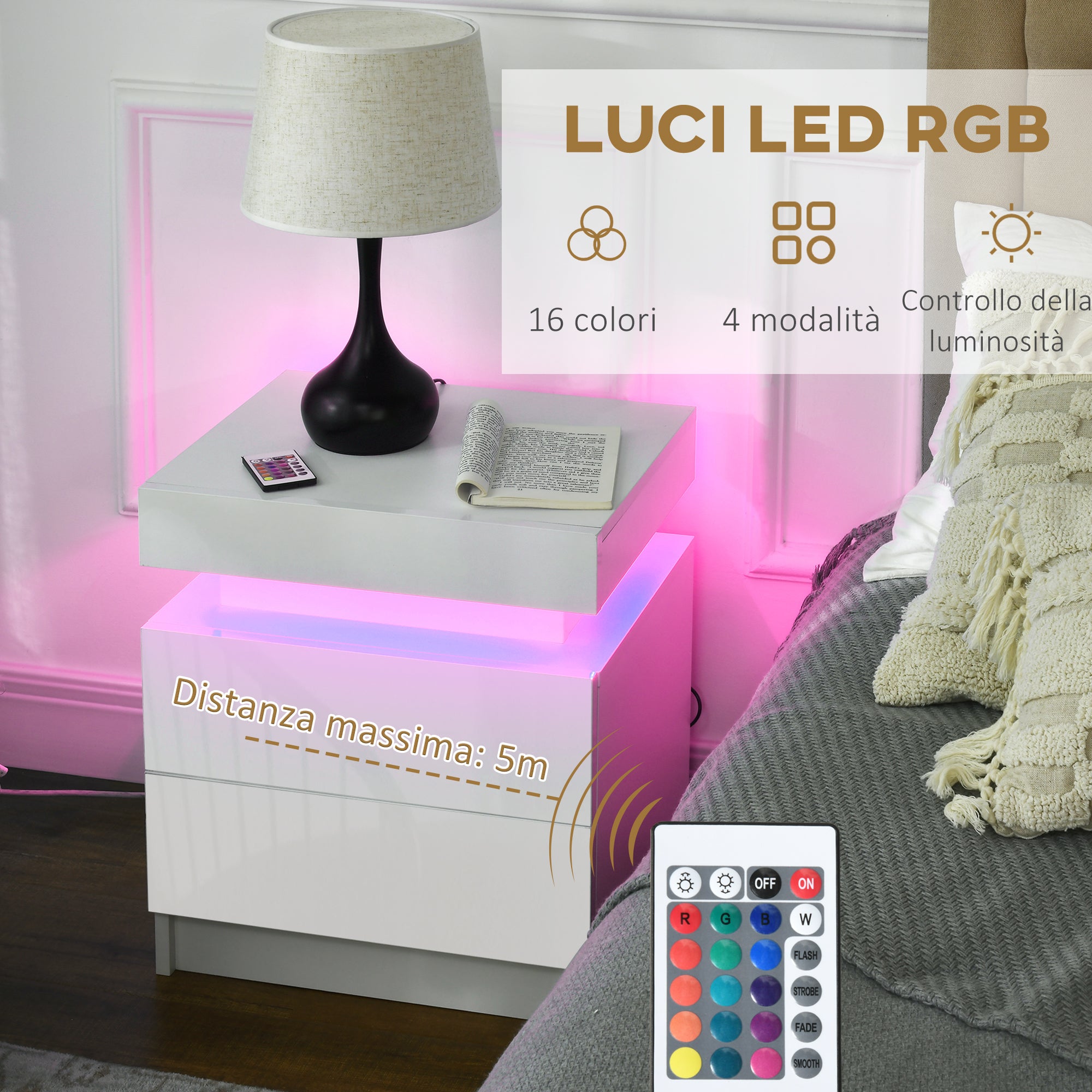 White Bedside Table with LED Light, High Gloss Front Nightstand with 2 Drawers, for Living Room, Bedroom