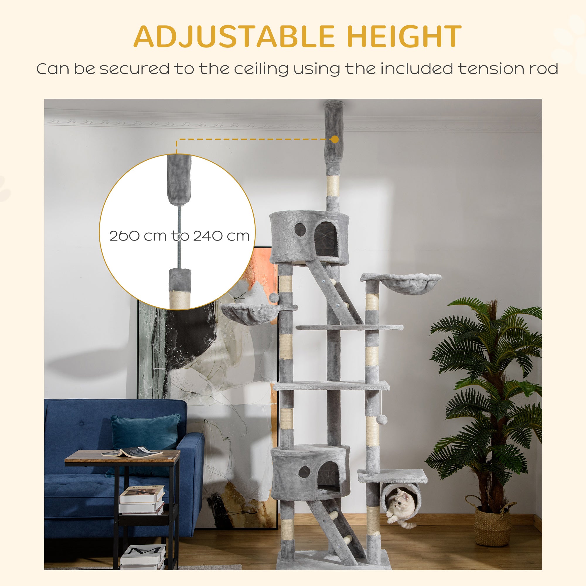 Floor to Ceiling Cat Tree for Indoor Cats 240-260cm Adjustable Height Light Grey