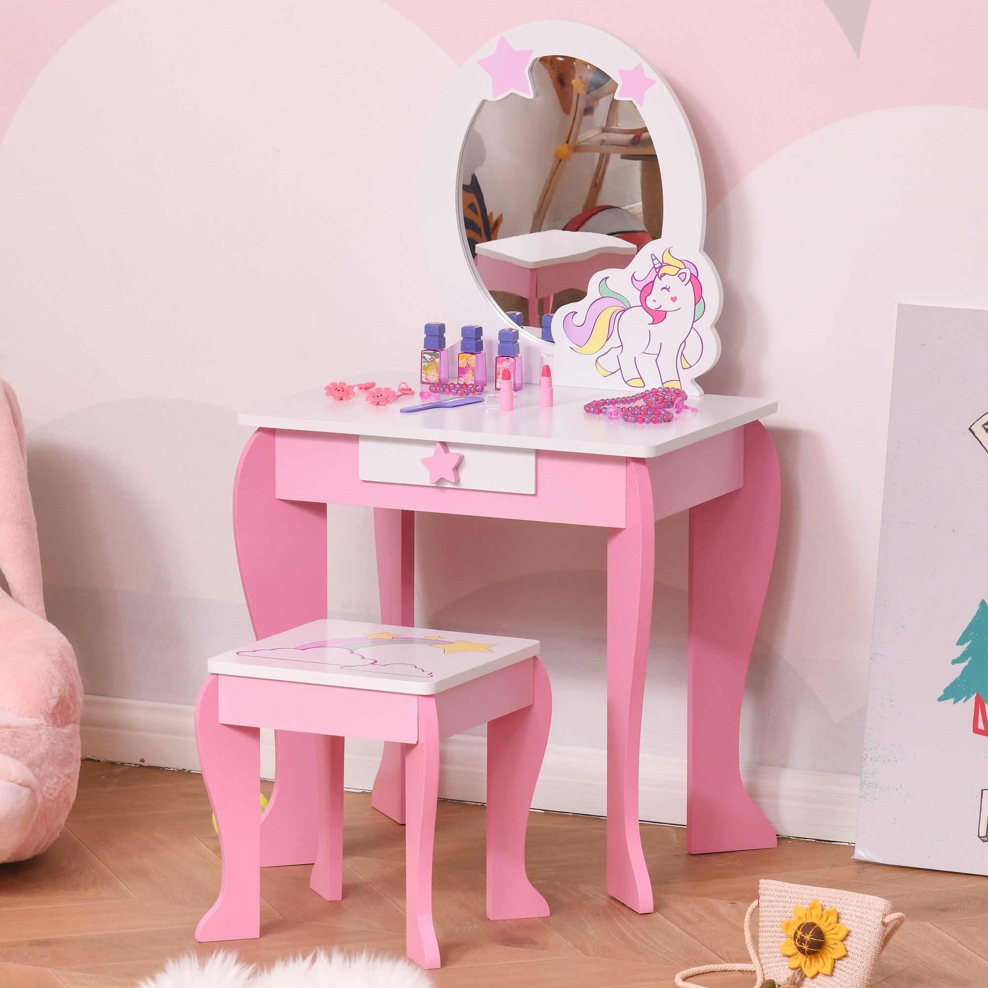 Girls Dressing Table w/ Mirror & Stool, Kids Dressing Table, Unicorn Pretend Play Toy for Toddles Age 3-6 Years, Acrylic Mirror, Pink & White