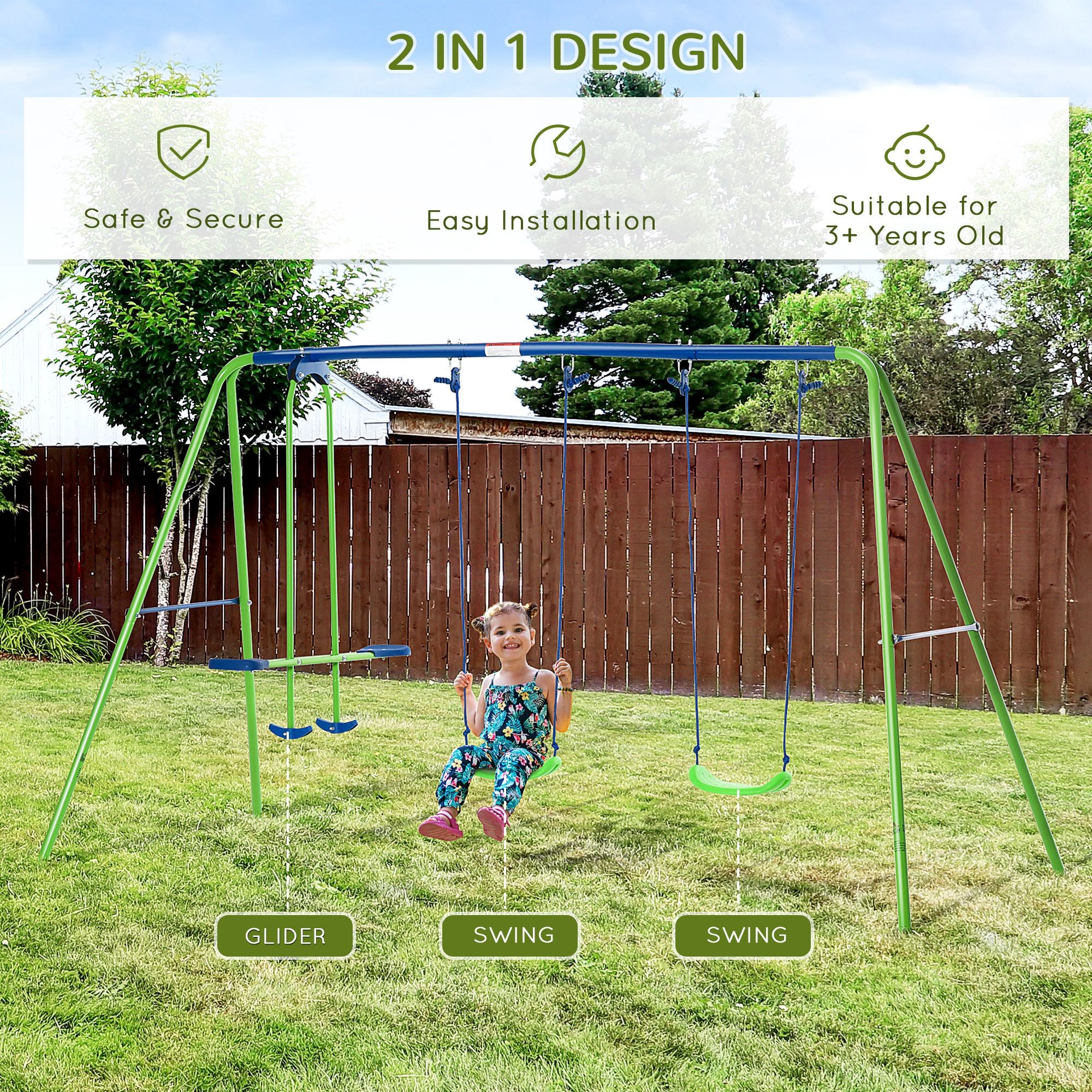 2 Piece Metal Swing and Seesaw Set with Adjustable Height - Green