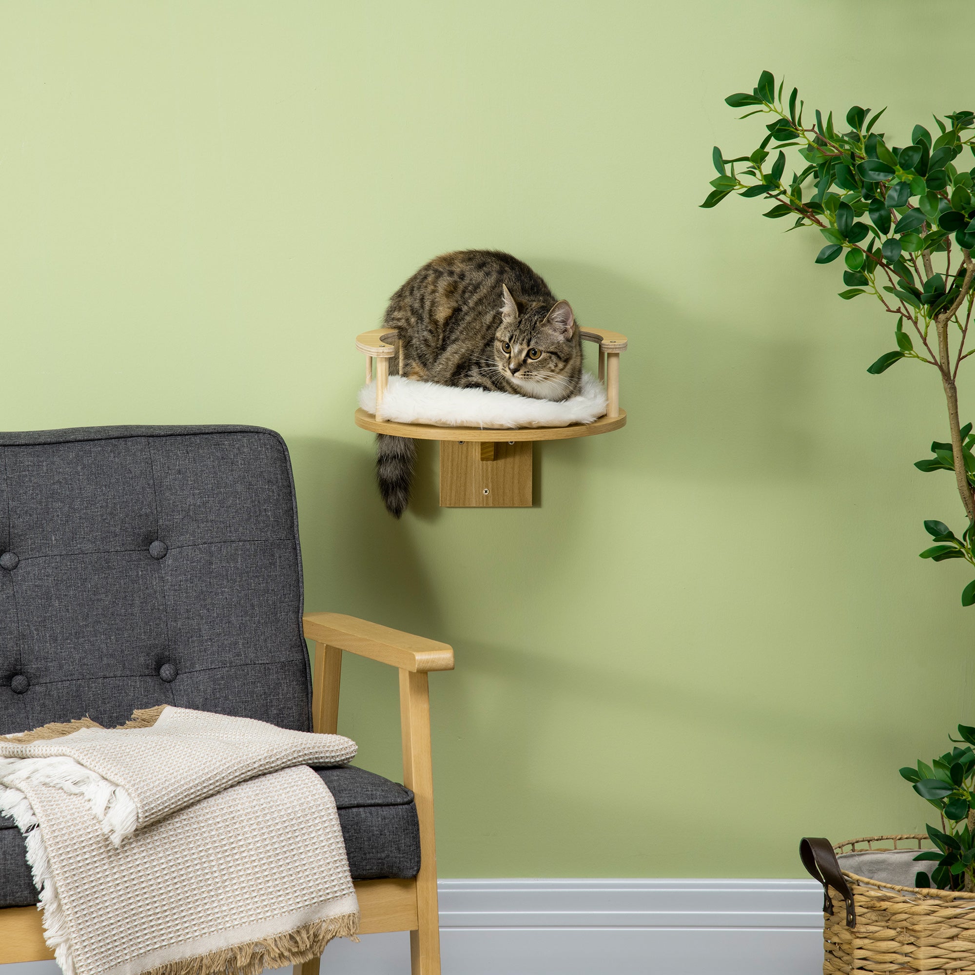 Cat Shelf Wall Mounted Cat Tree Kitten Bed Cat Perch with Cushion, Guardrails for Indoor Cats, 34 x 34 x 10.5 cm, Beige