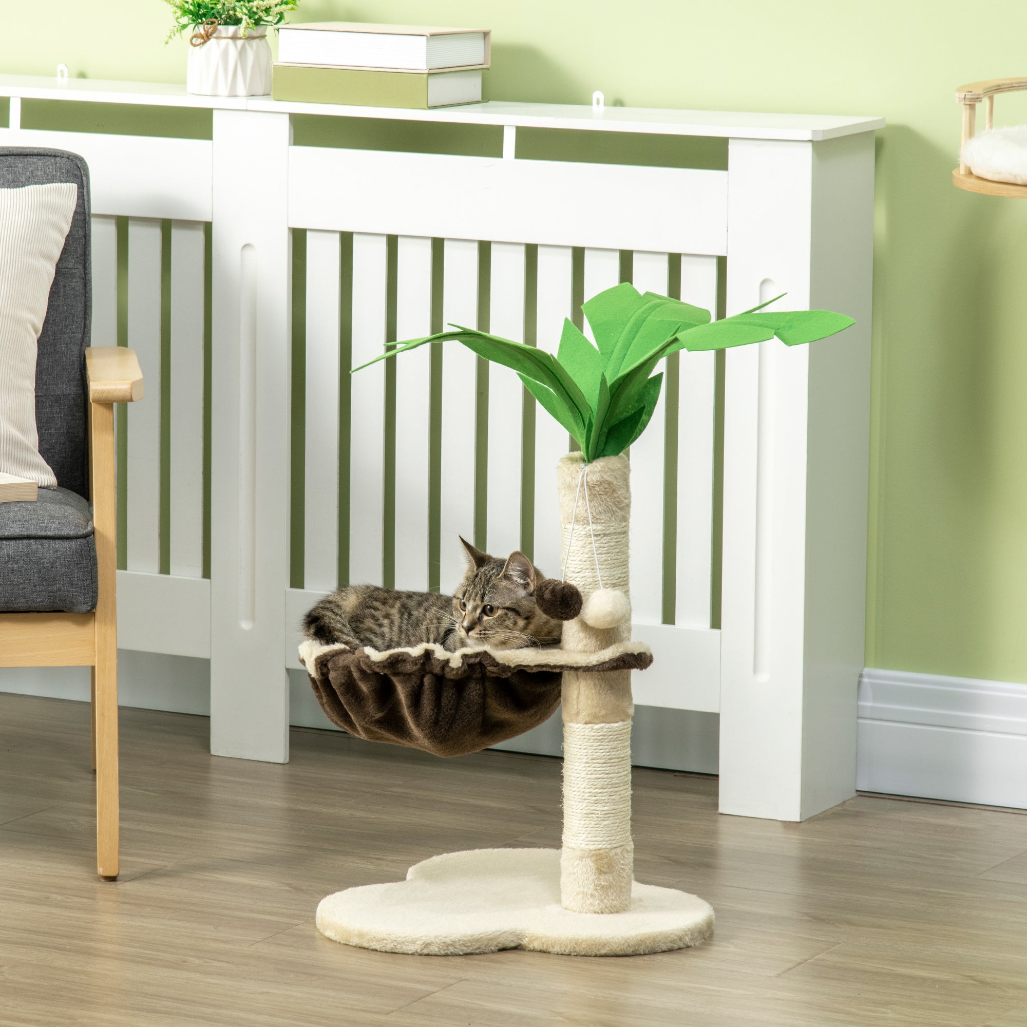 68cm Cat Tree, Coconut Tree Shaped Kitty Activity Center with Hammock, Cat Tower with Sisal Scratching Post, Beige