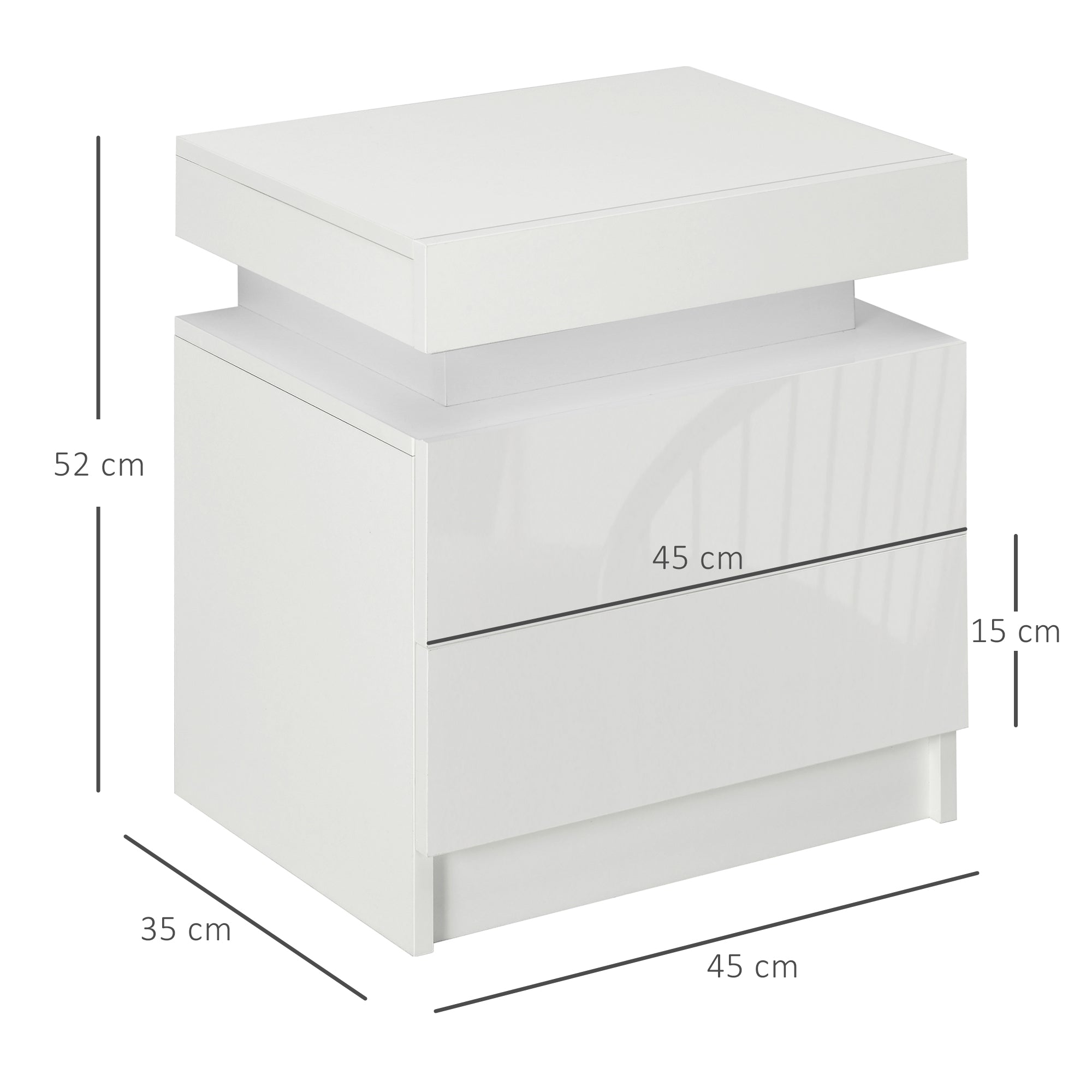 White Bedside Table with LED Light, High Gloss Front Nightstand with 2 Drawers, for Living Room, Bedroom