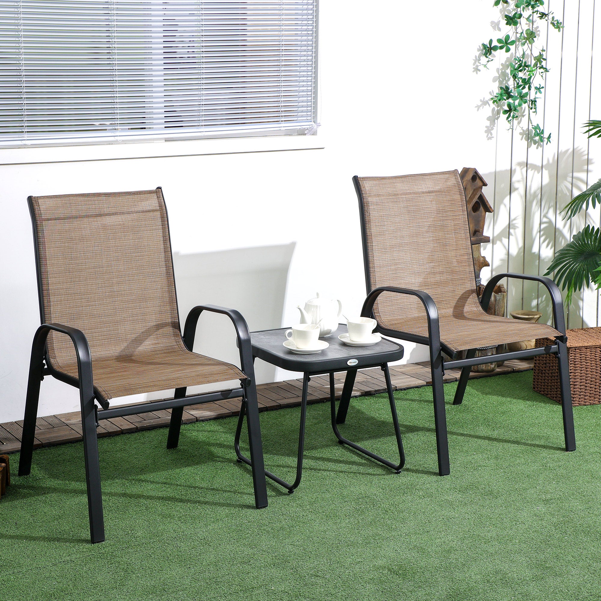 3 Pieces Outdoot Bistro Set, Patio Stackable Armchairs with Breathable Mesh Fabric and PSC Board Coffee Table, Brown