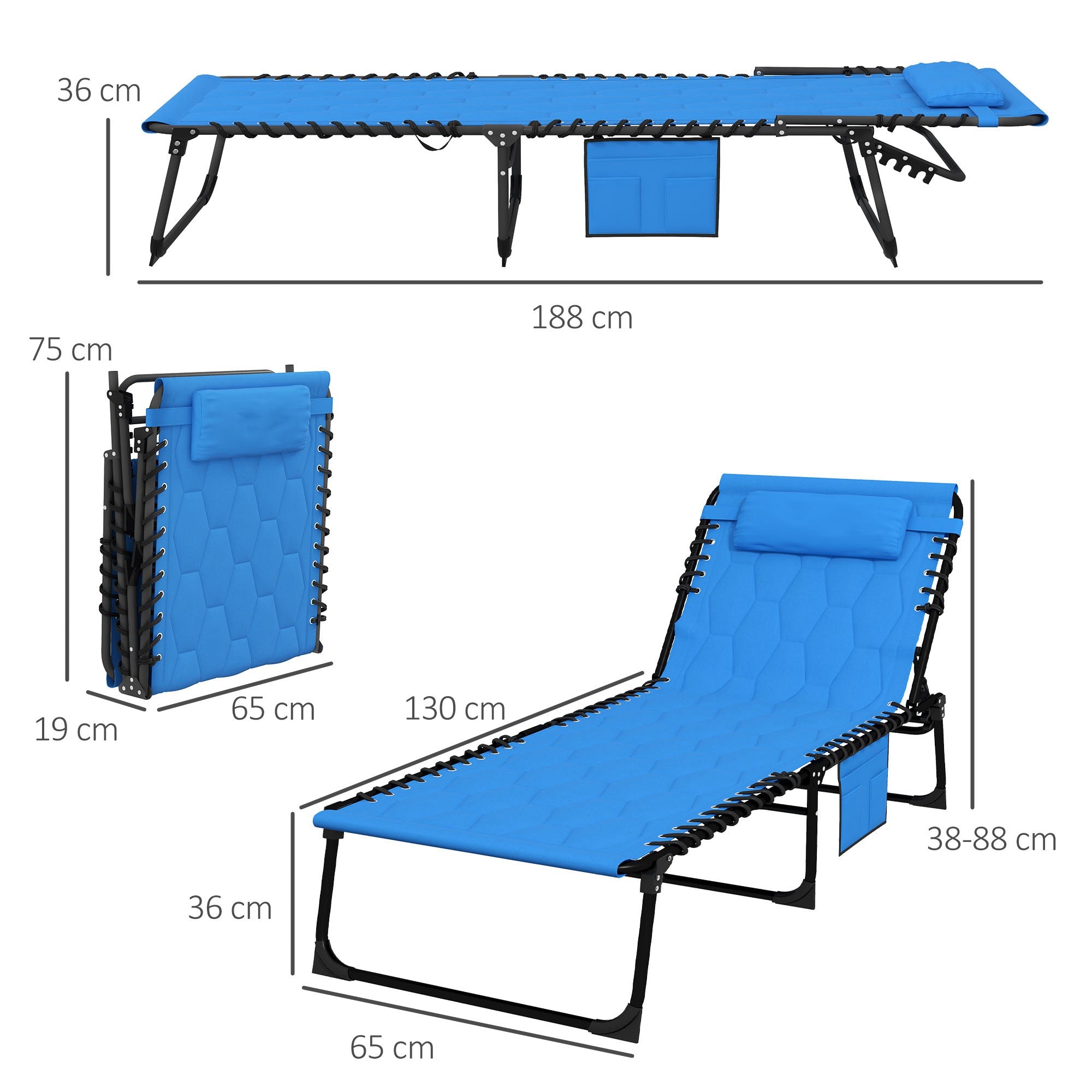 Foldable Sun Lounger with 5-level Reclining Back, Outdoor Tanning Chair with Padded Seat, Outdoor Sun Lounger with Side Pocket,