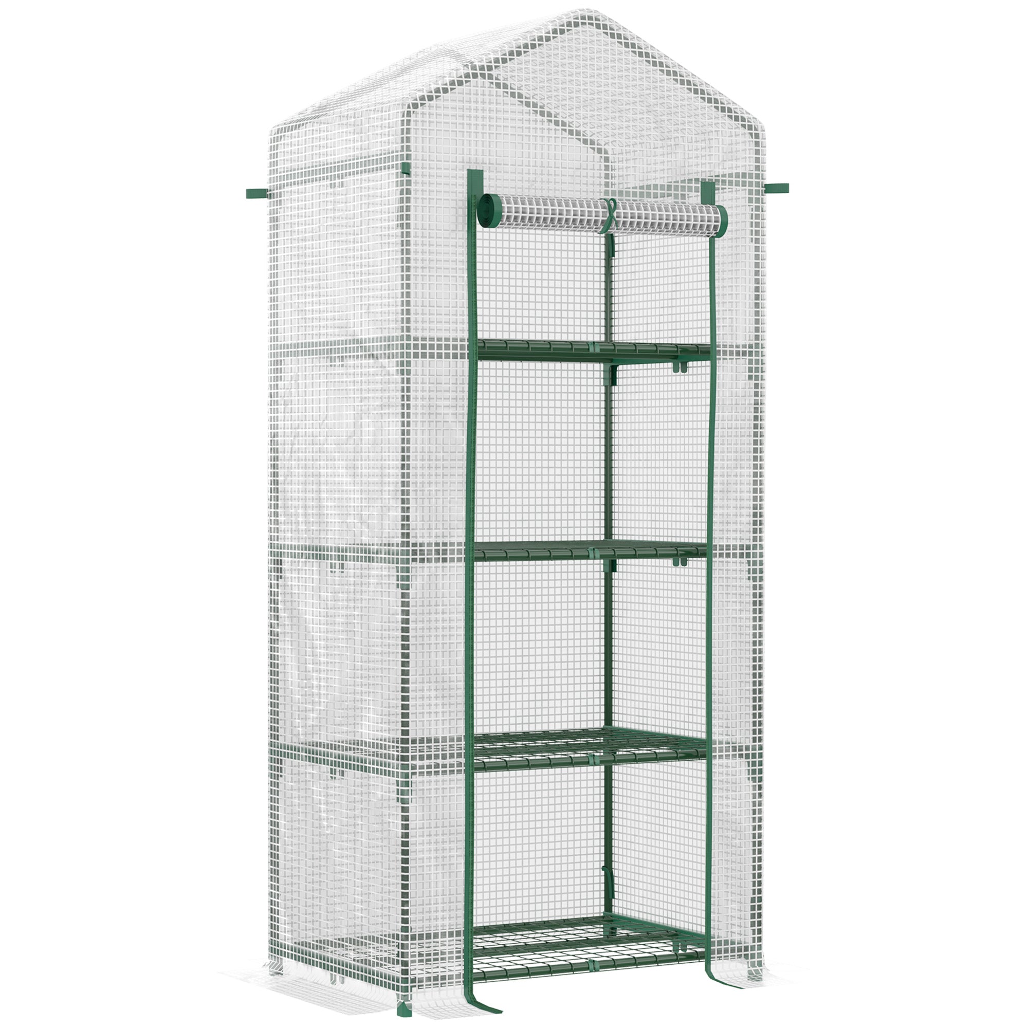 4 Tier Mini Greenhouse, Portable Green House with Steel Frame, PE Cover, Roll-up Door, 70 x 50 x 160 cm, White