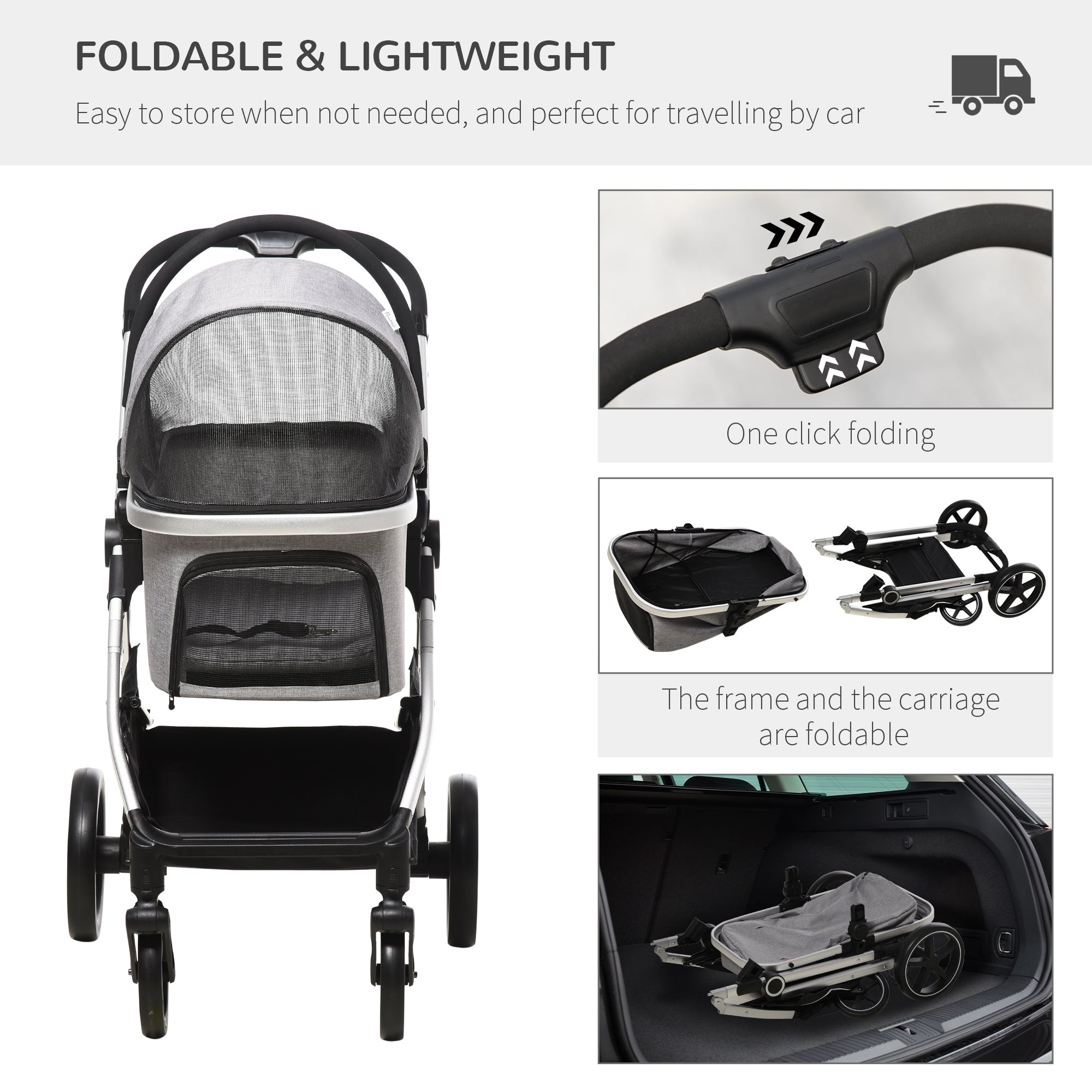 3-In-1 One Click Foldable Pet Stroller Detachable Dog Cat Travel Pushchair Car Seat with EVA Wheels Basket Safety Leash Cushion Light Grey