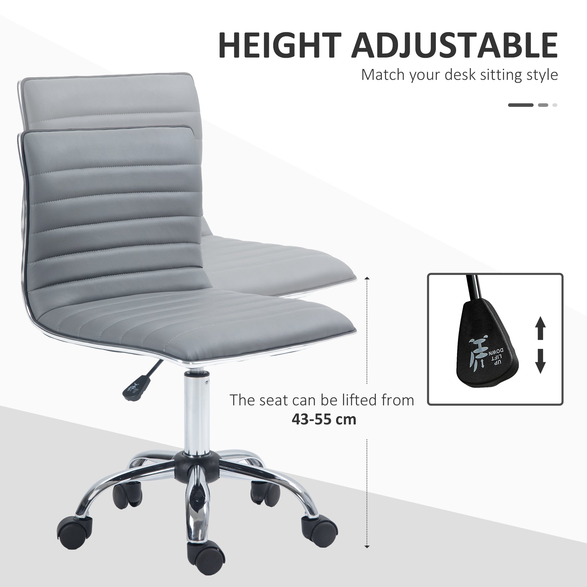 Adjustable Swivel Office Chair with Armless Mid-Back in PU Leather and Chrome Base - Light Grey