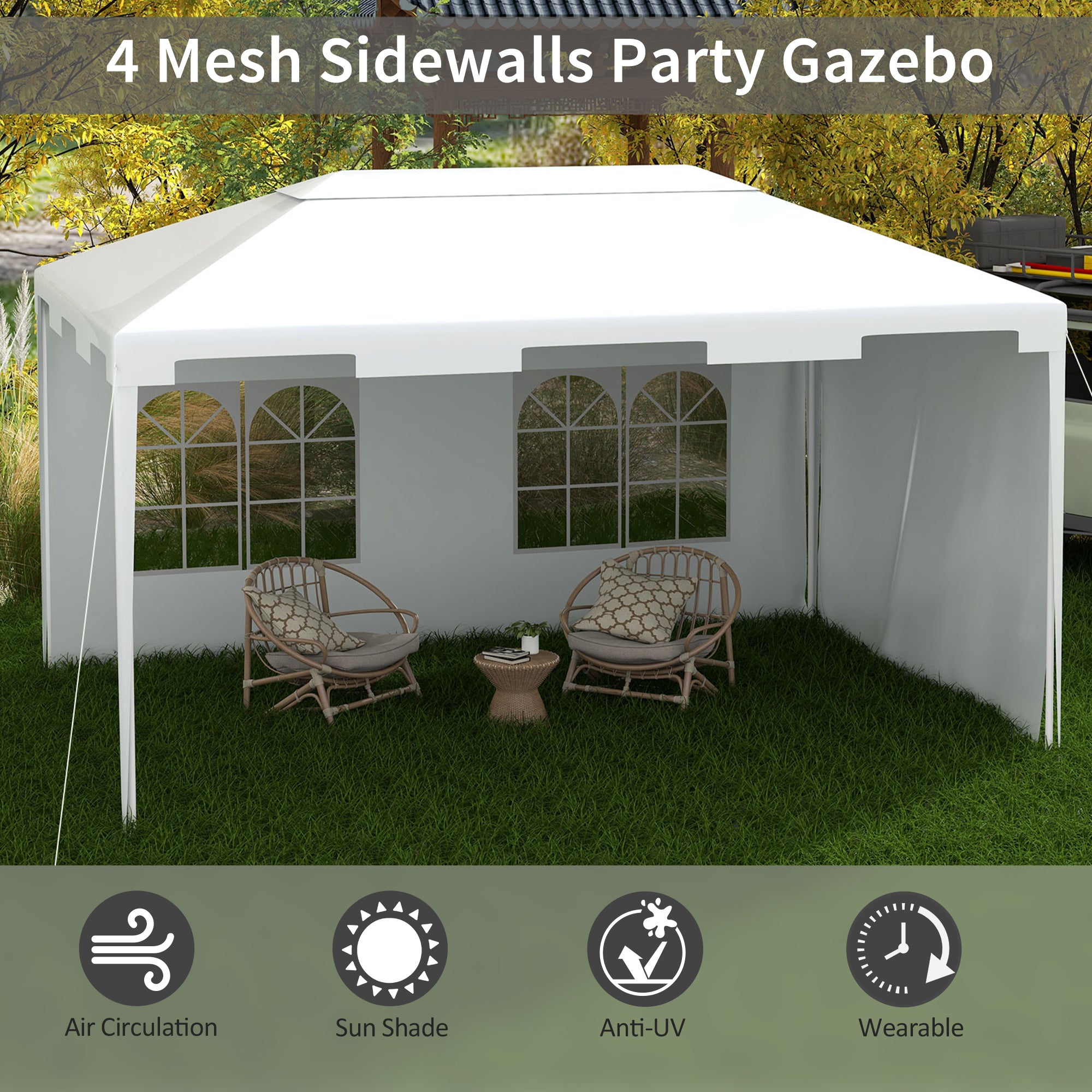 3 x 4 m Garden Gazebo Shelter Marquee Party Tent with 2 Sidewalls for Patio Yard Outdoor, White