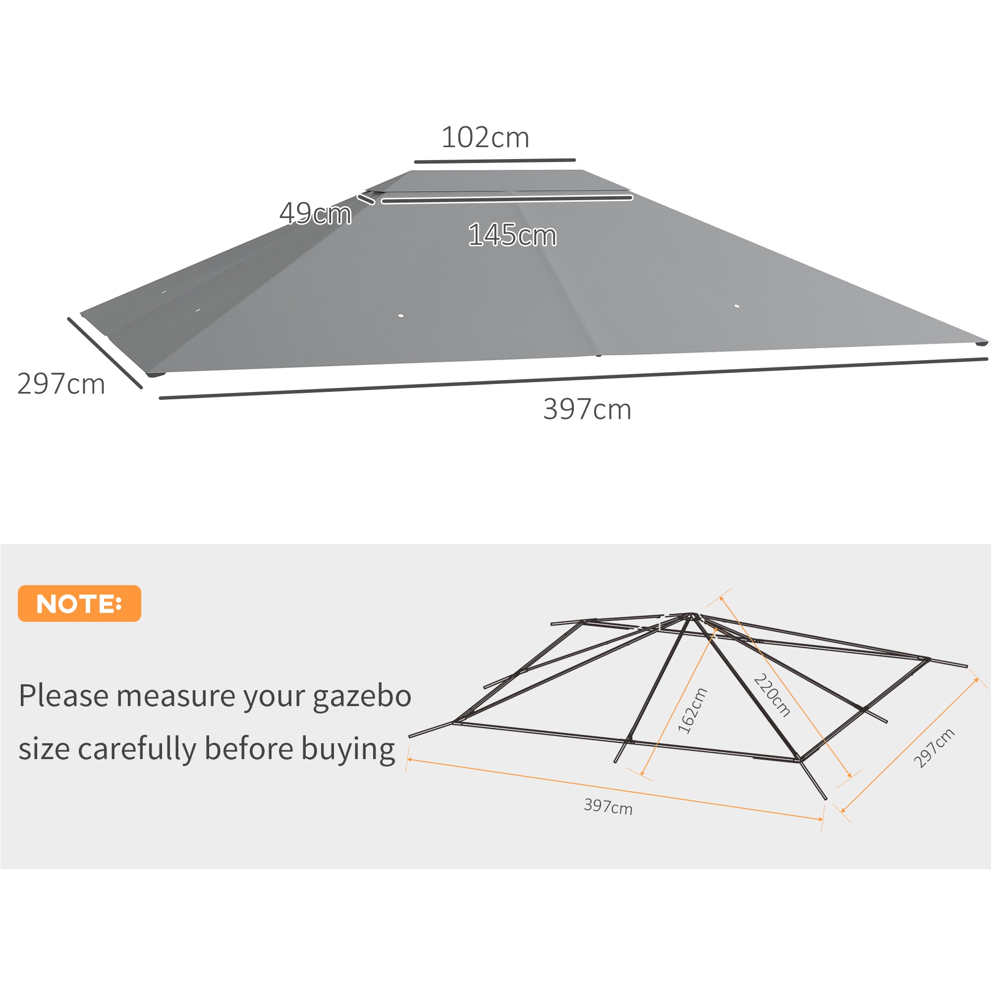 3 x 4m Gazebo Canopy Replacement Cover, Gazebo Roof Replacement (TOP COVER ONLY), Light Grey