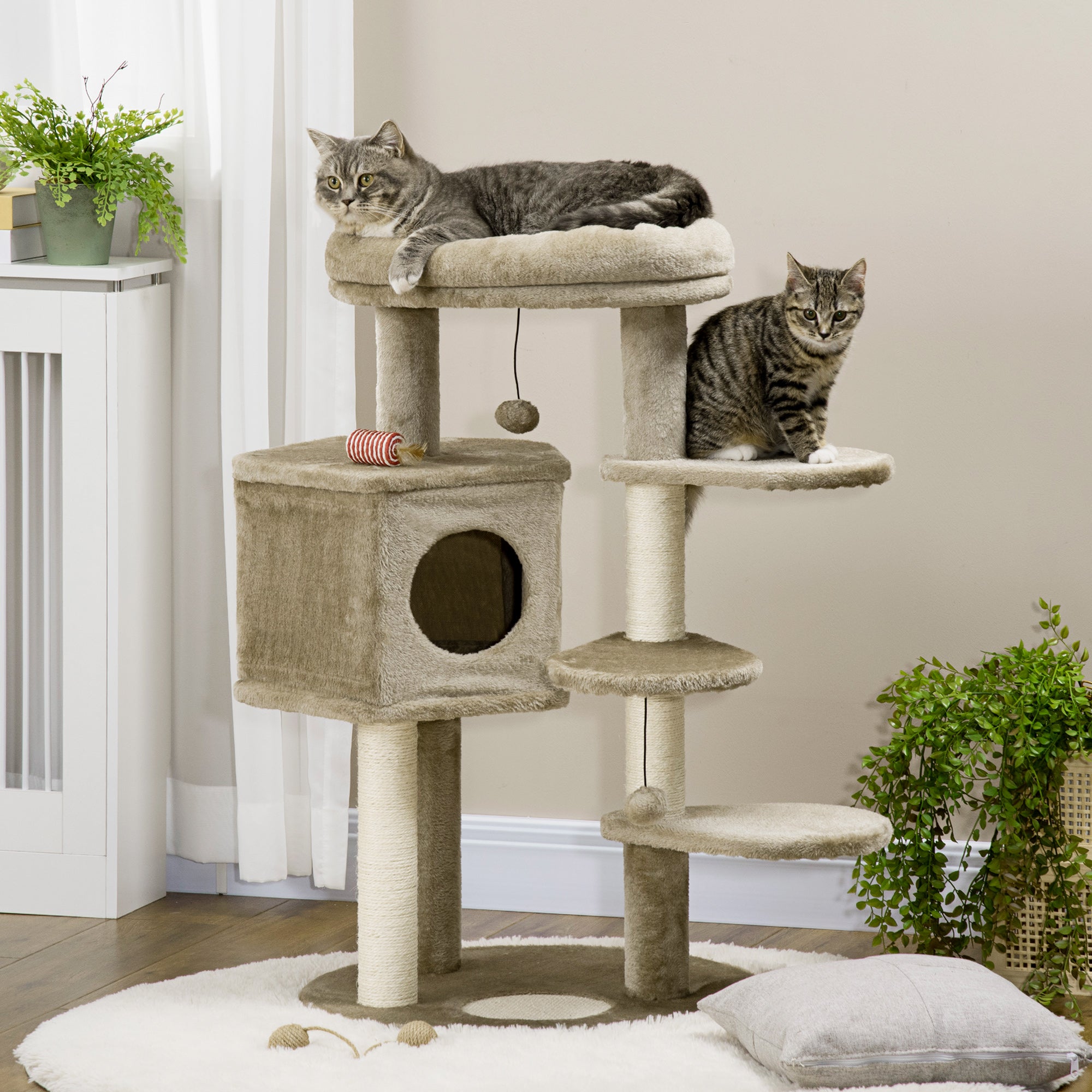 Cat Tree, Cat Tower for Indoor Cats with Sisal Scratching Post, Ramp, Kitten Bed, Condo, Ball Toy, Brown, 55x55x94 cm