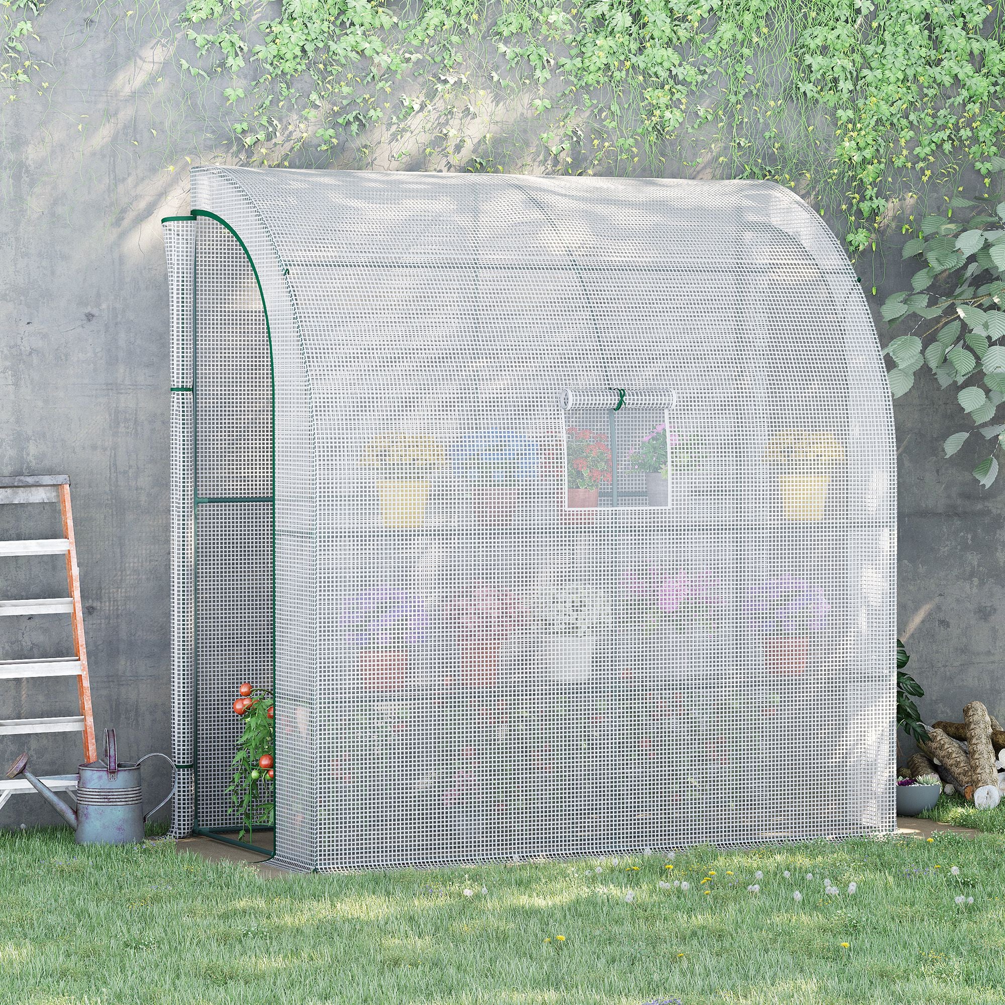 Walk-In Lean to Polytunnel Greenhouse with Windows and Doors 2 Tiers 4 Wired Shelves 200L x 100W x 215Hcm White