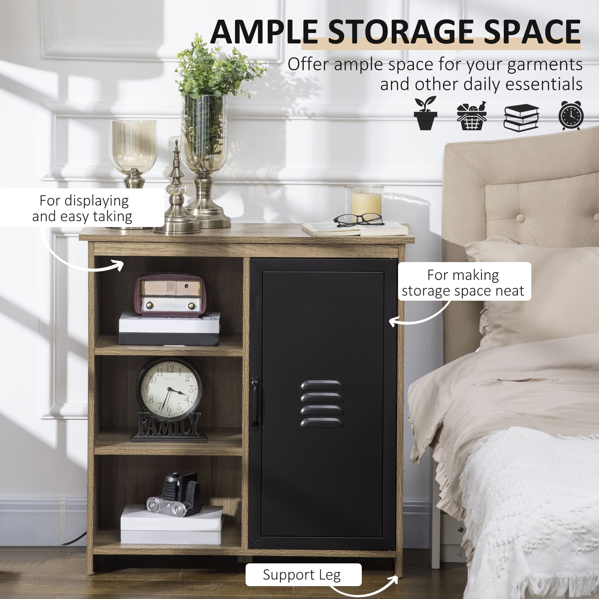 Cupboard Storage Cabinet with 3 Tiers and Steel Door, Home Organizer Sideboard with Adjustable Shelf for Dining Room, Living Room, Kitchen