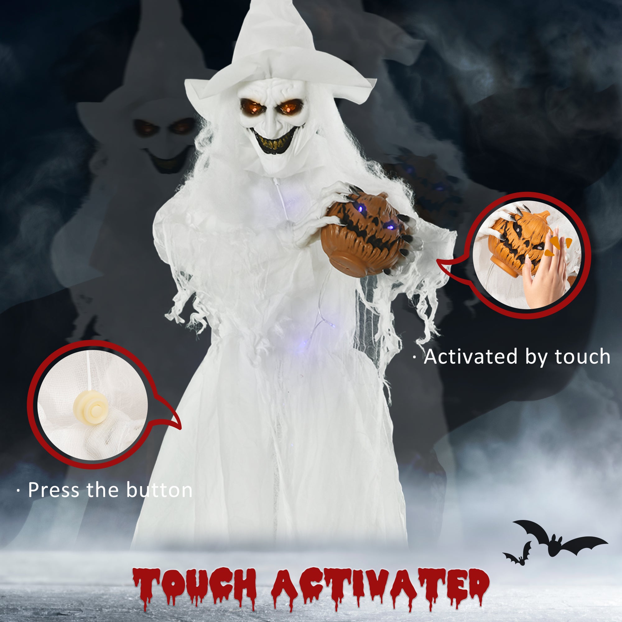 72 Inch Life-Size White Witch Halloween Decoration with Motion-Activated Light-Up Eyes - White