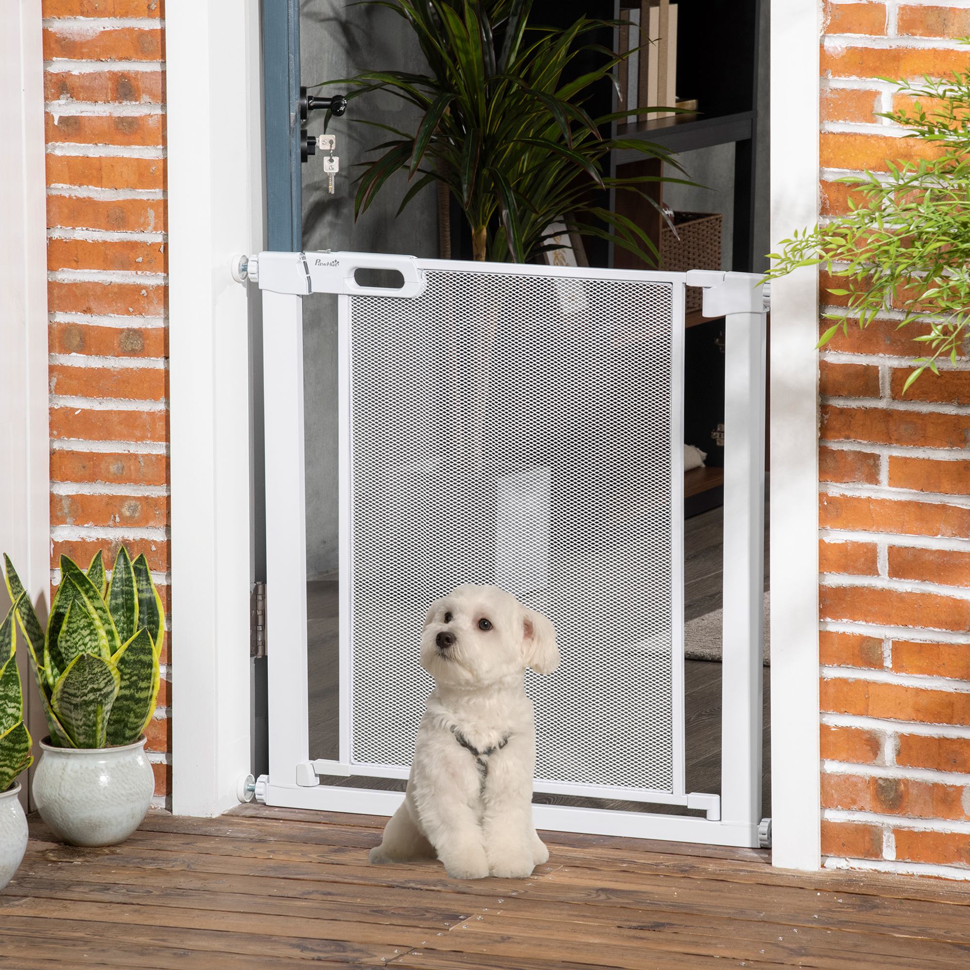 Pressure Fit Safety Gate for Doors and Stairs, Dog Gate with Auto Close, Pet Barrier for Hallways, with Double Locking Openings 75-82 cm White