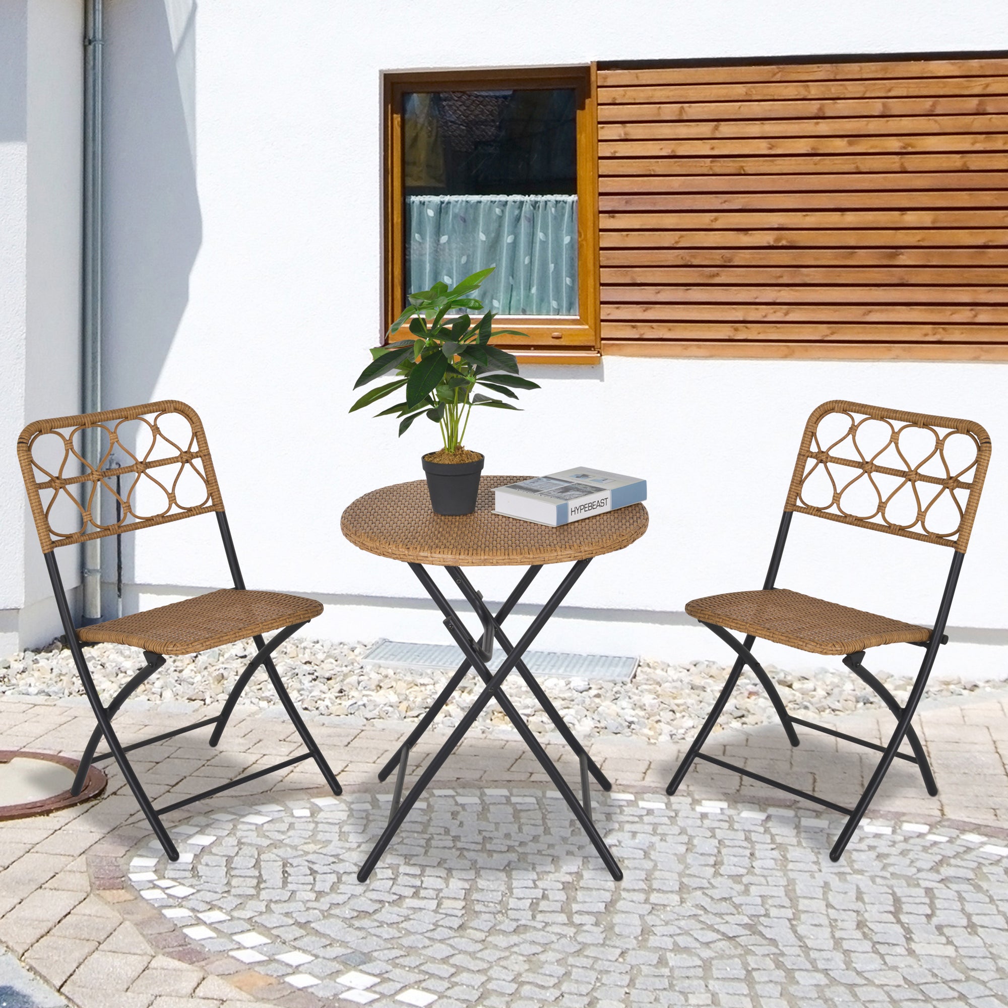 3 pcs PE Rattan Wicker Bistro Set Conversation Patio Furniture Set w/ Foldable Coffee Table and Chairs and Steel Frame, Natural