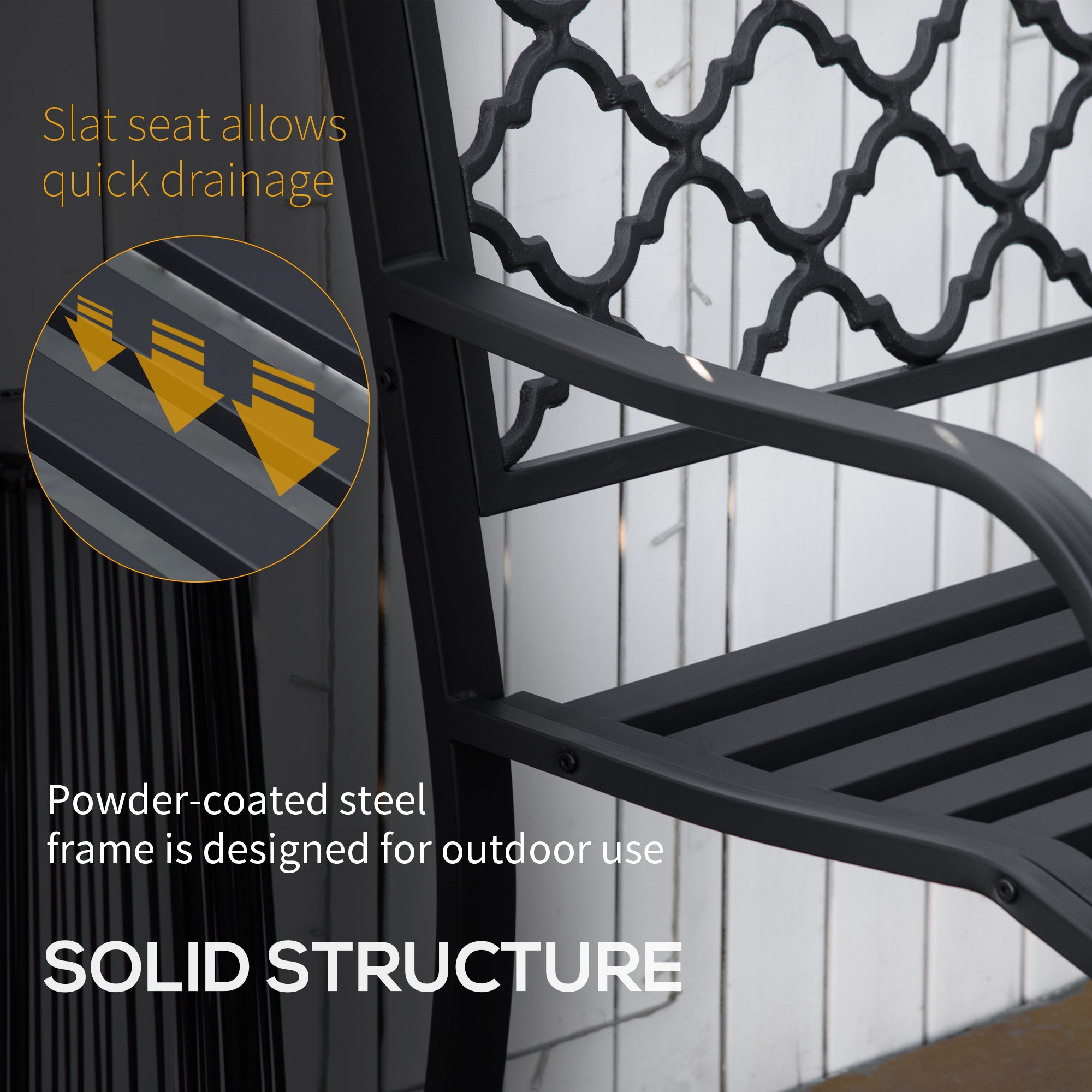 2 Seater Cast Iron Garden Bench with Armrest - Matte Black