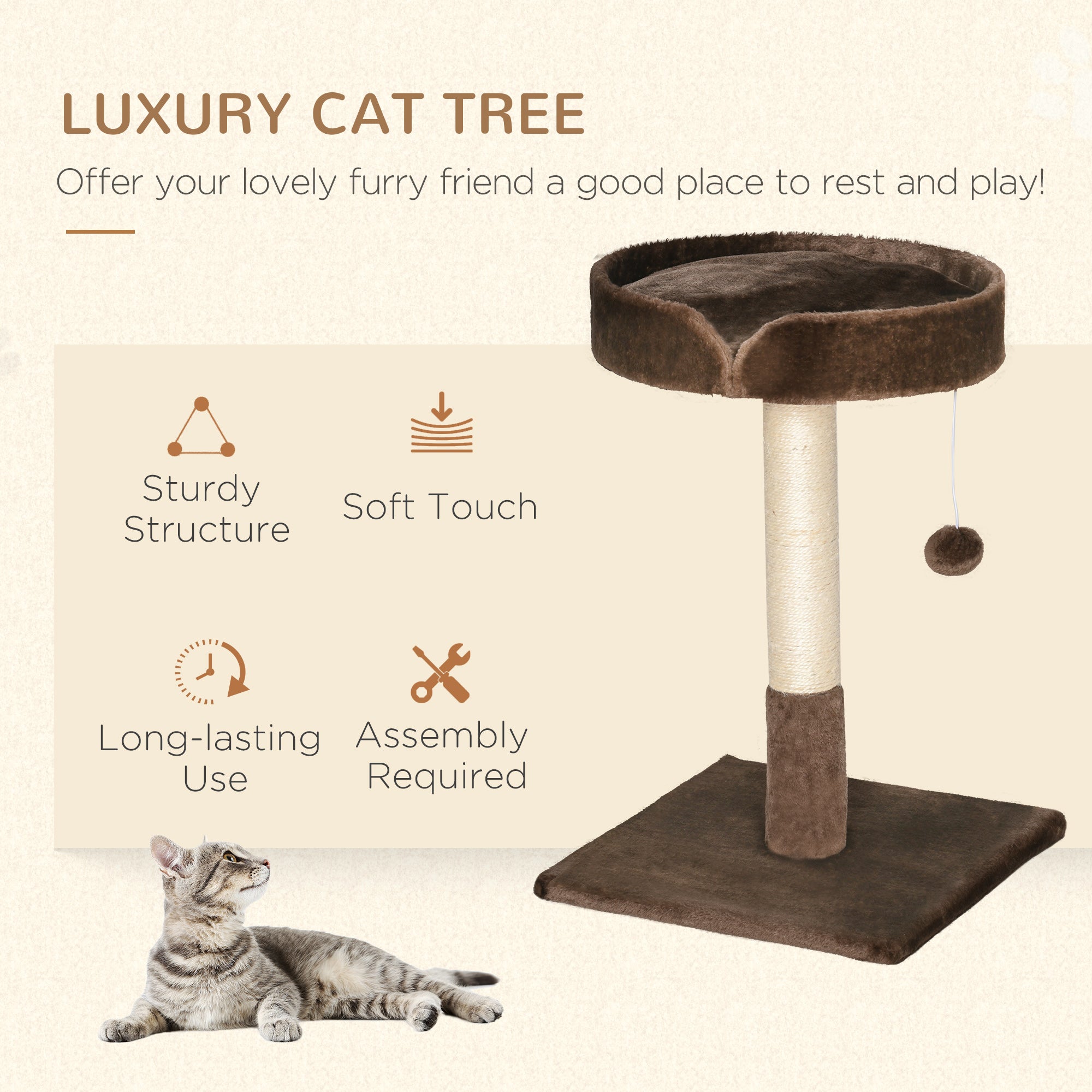 Small Cat Tree for Indoor Cats with Sisal Scratching Post Kitten Bed Cushion Ball Toy, Brown, 45x45x70 cm