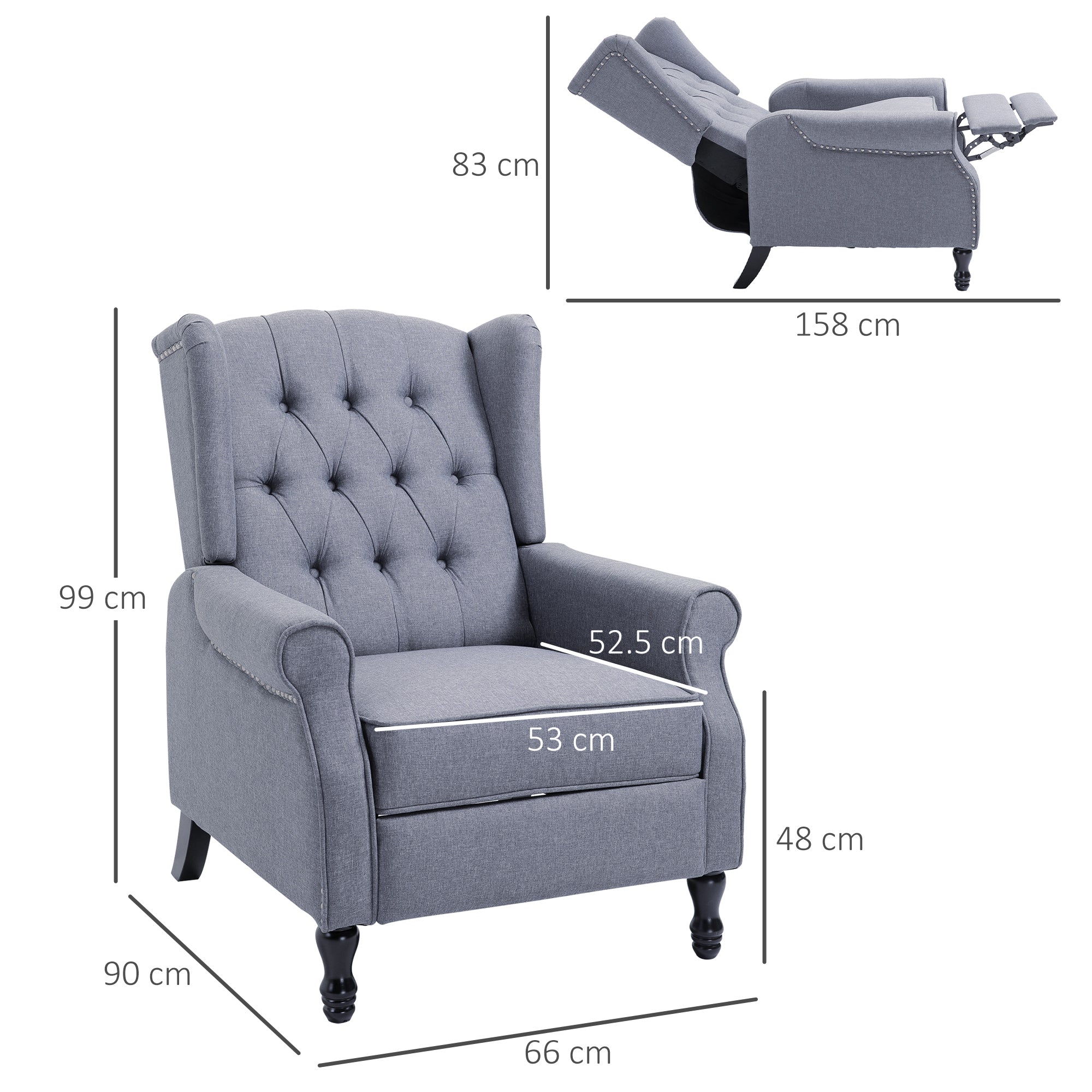 Recliner Armchair for Living Room, Reclining Chair, Wingback Chair with Button Tufted Back and Footrest, Light Grey